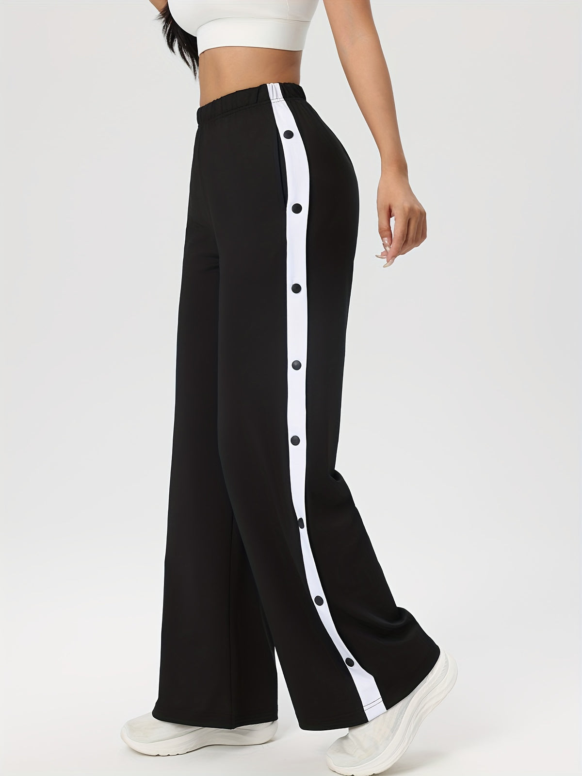 Side Stripe Button Waist Loose Pants - Black