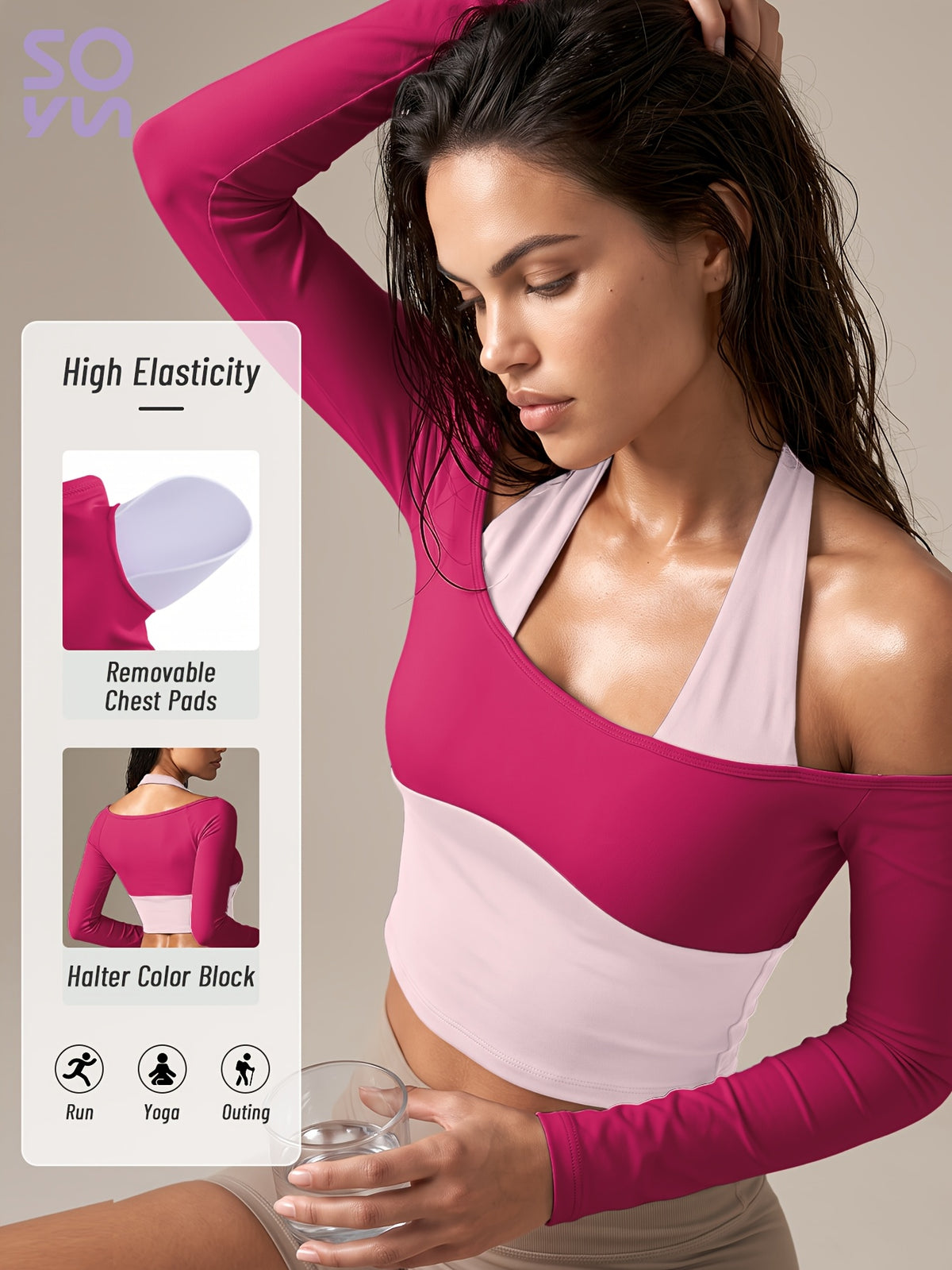 Faux Two-Piece Halter Color Block Top - Rose