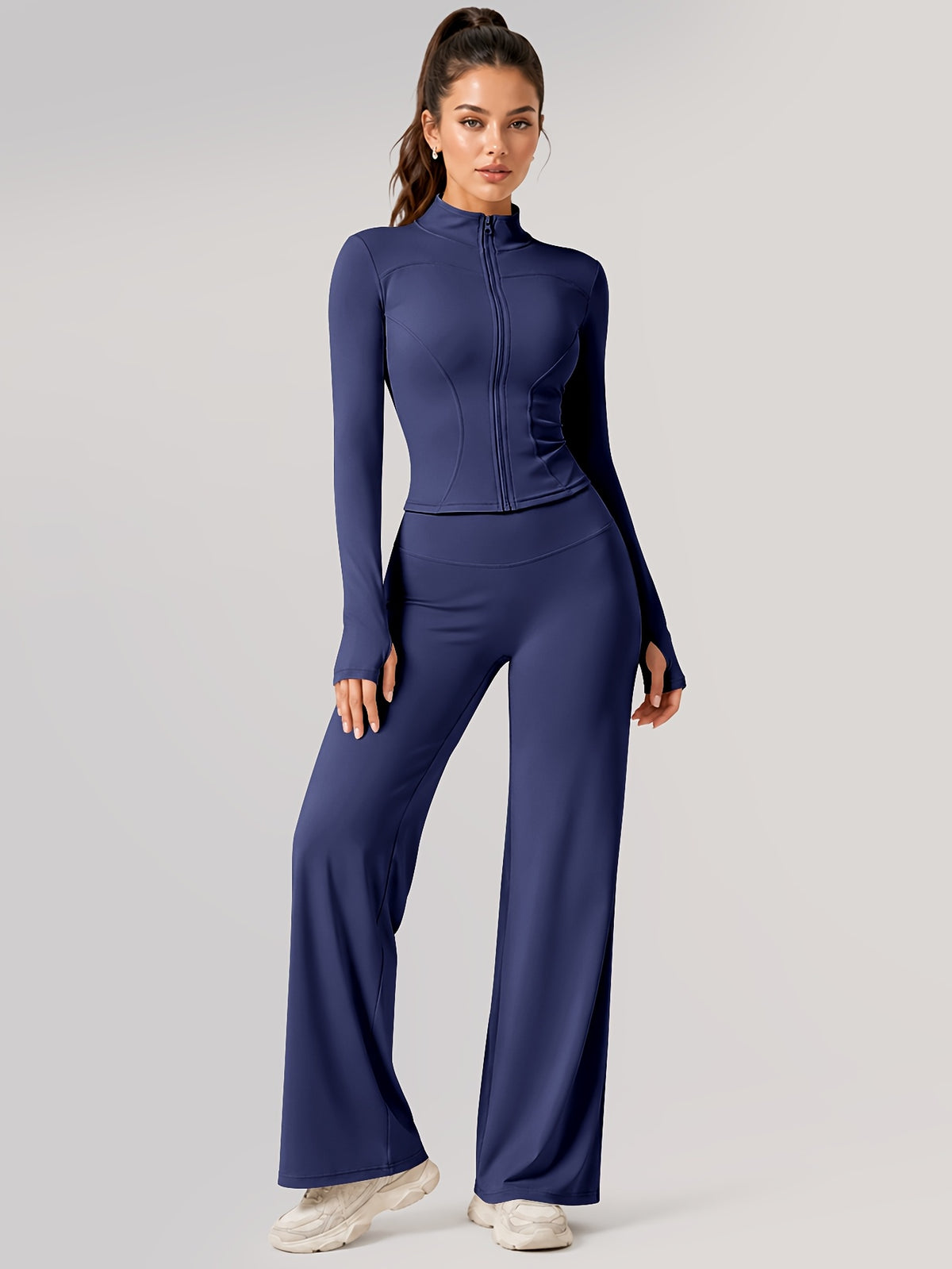 Zip Jacket & Wide Leg Pants Set - Navy