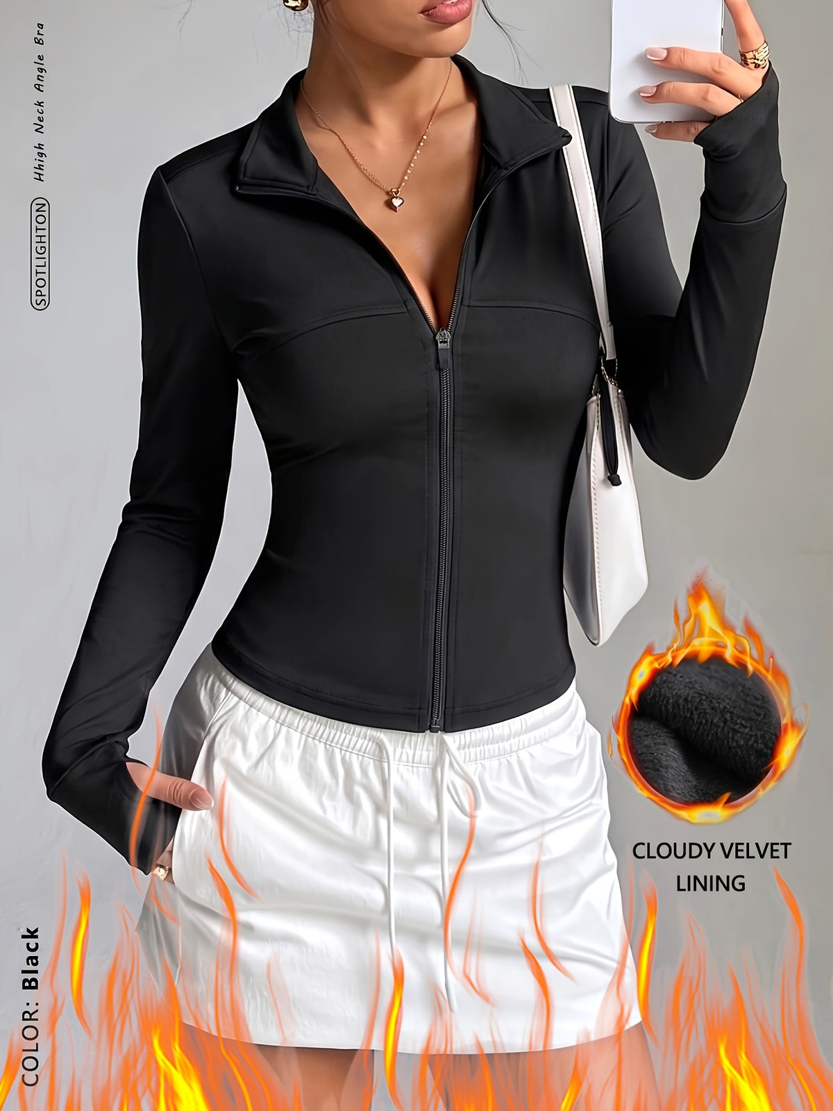 Fleece Lined Thumbhole Zip Jacket - Black