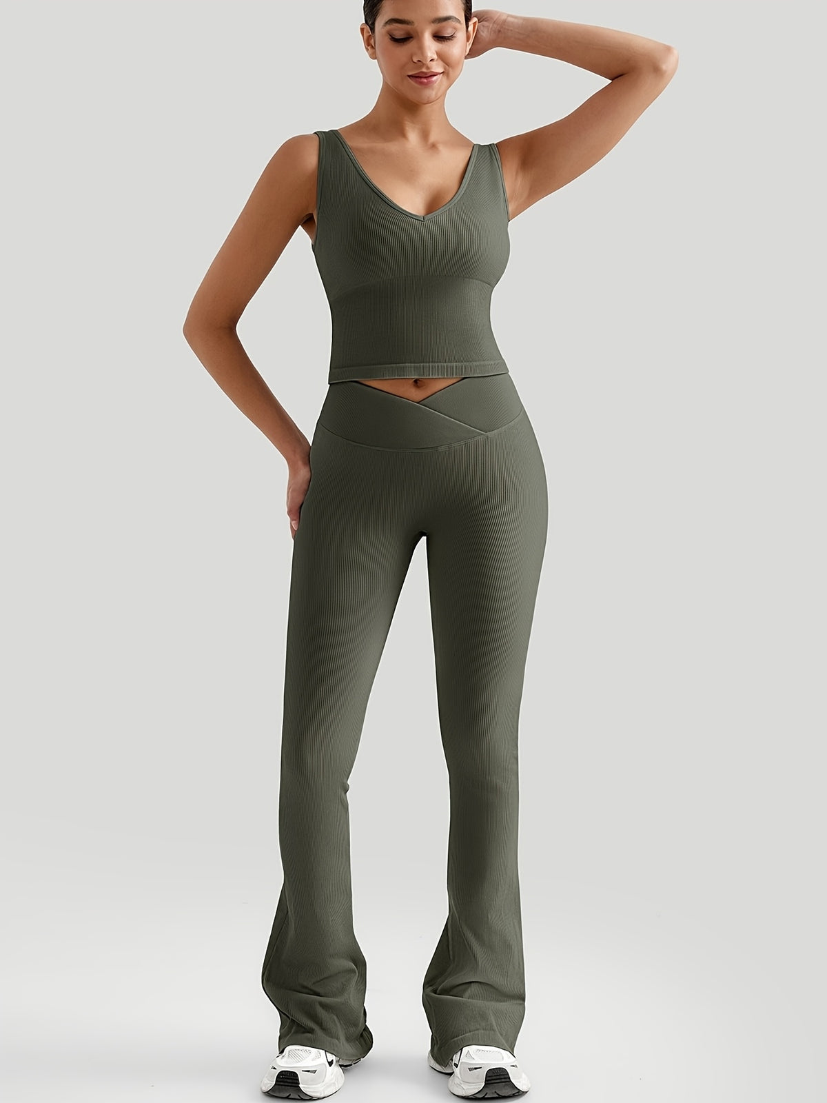 Ribbed V-Neck Tank & V-Waist Flare Set - Fern Green