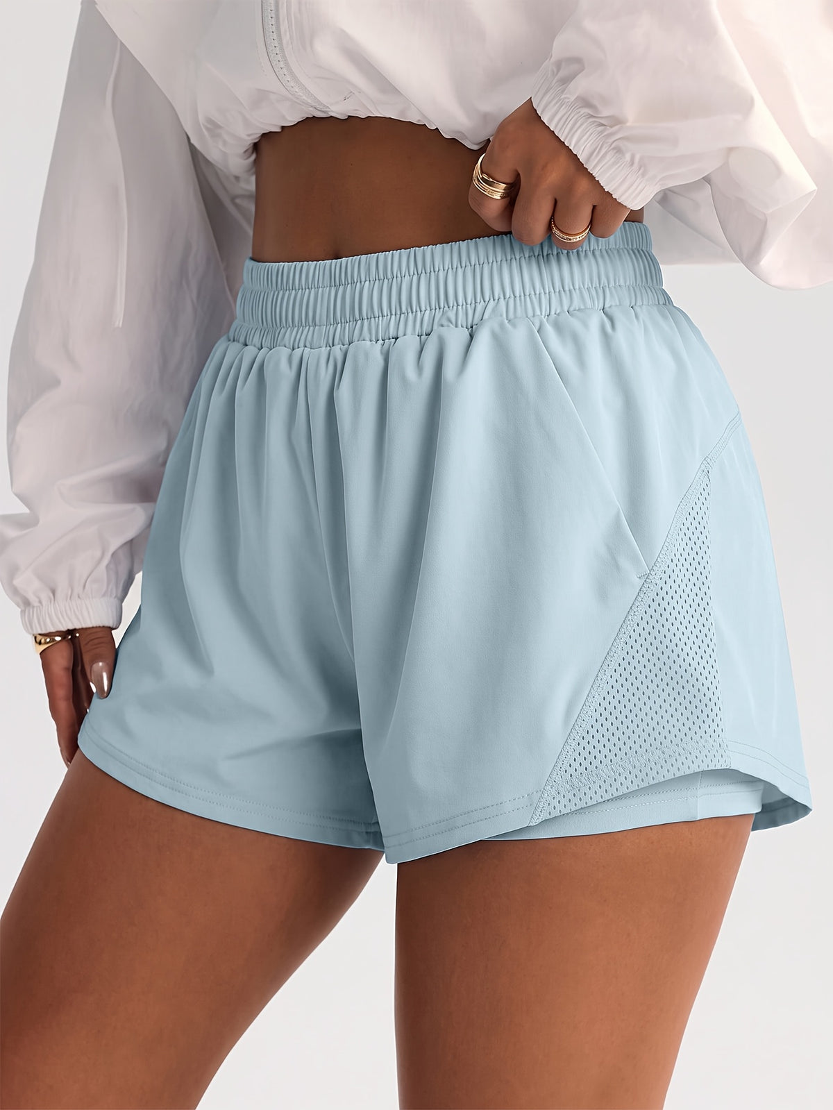 Split Hem Mesh Pocket Running Shorts - Sky Blue