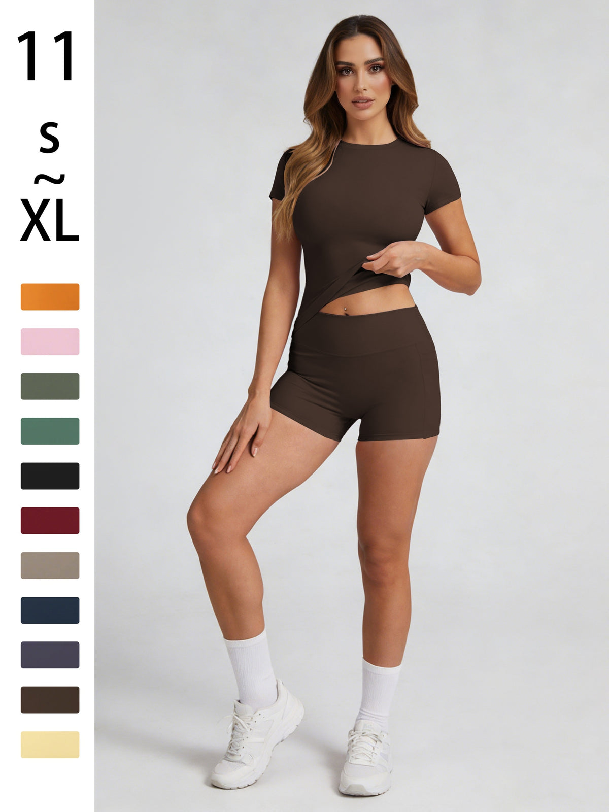 Tummy Control Top & Pocket Shorts Set - Brown