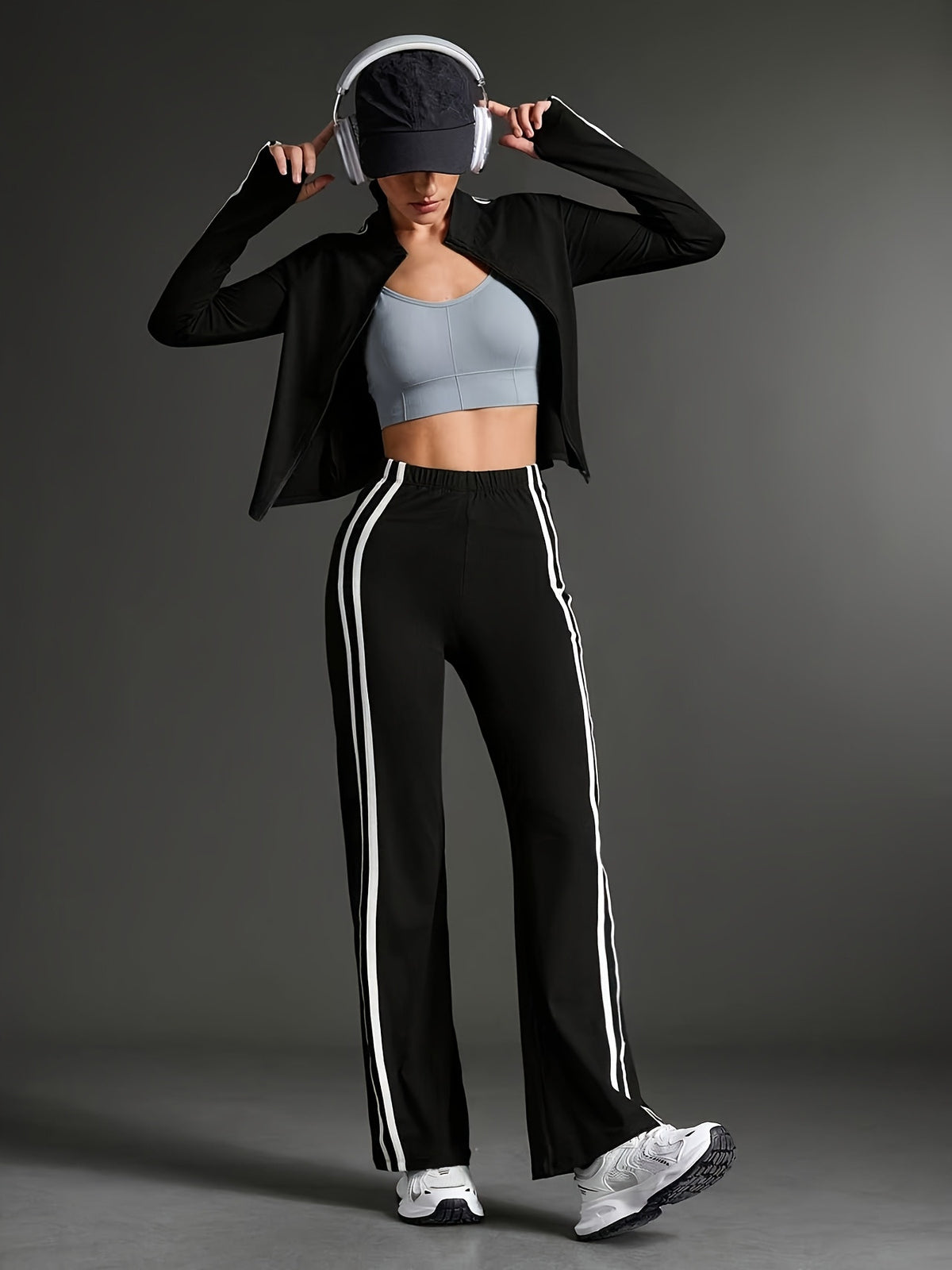 Thumbhole Crop Jacket & Wide Leg Pants Set - Black