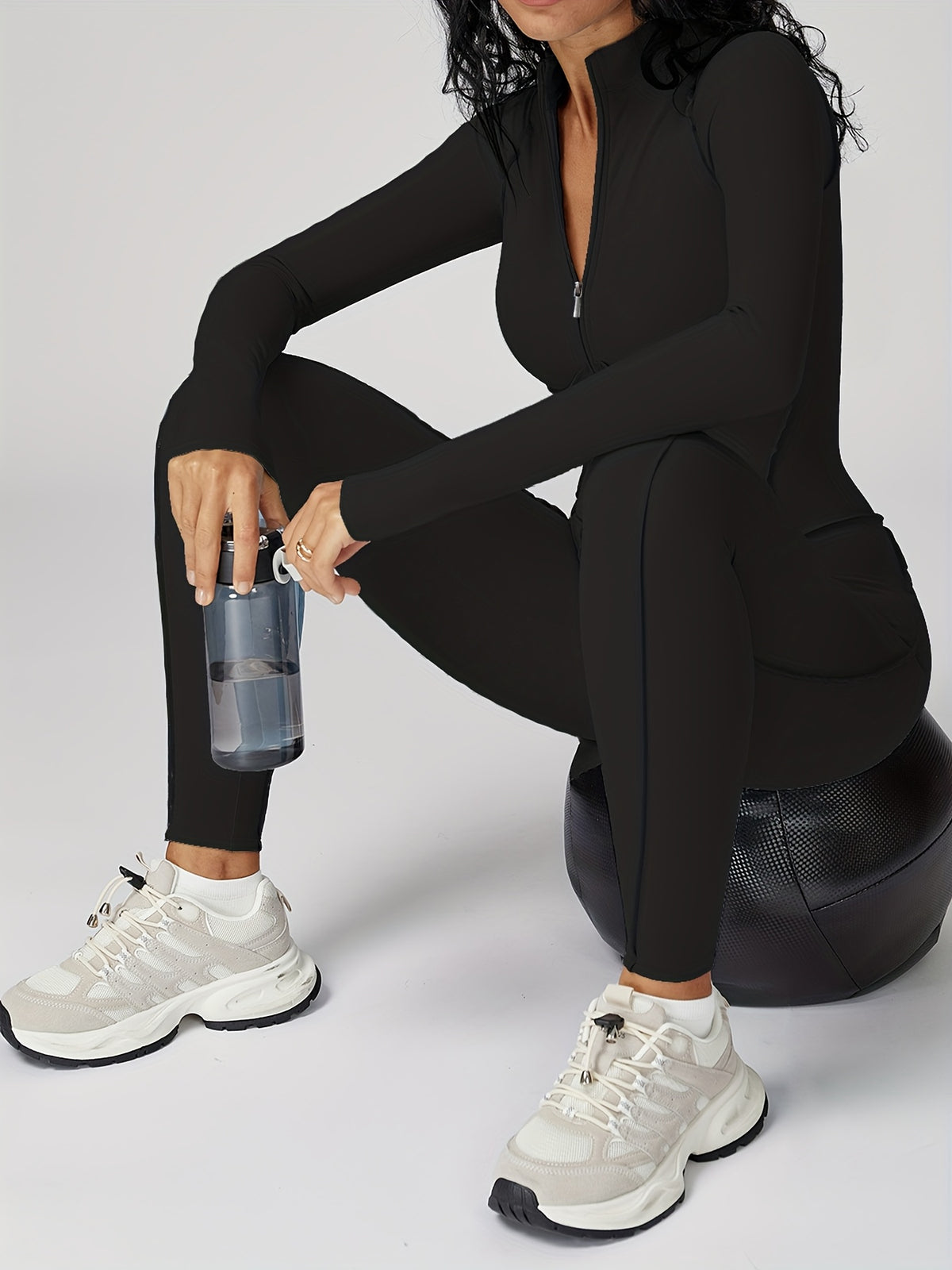 Half Zip Long Sleeve Jumpsuit - Black