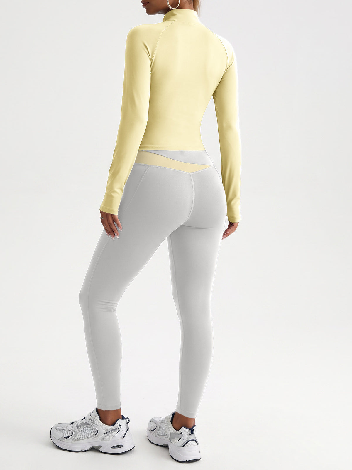 Contrast Zip Jacket & Lifting Leggings Set - Yellow & Light Grey
