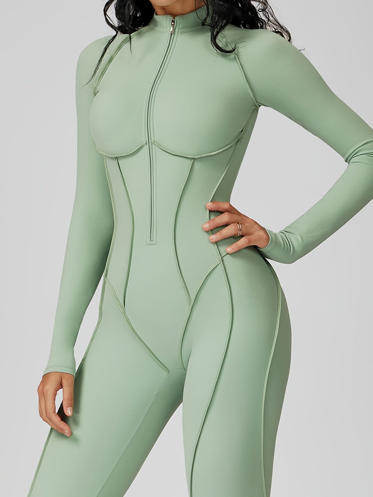 Half Zip Long Sleeve Jumpsuit - Stone Green