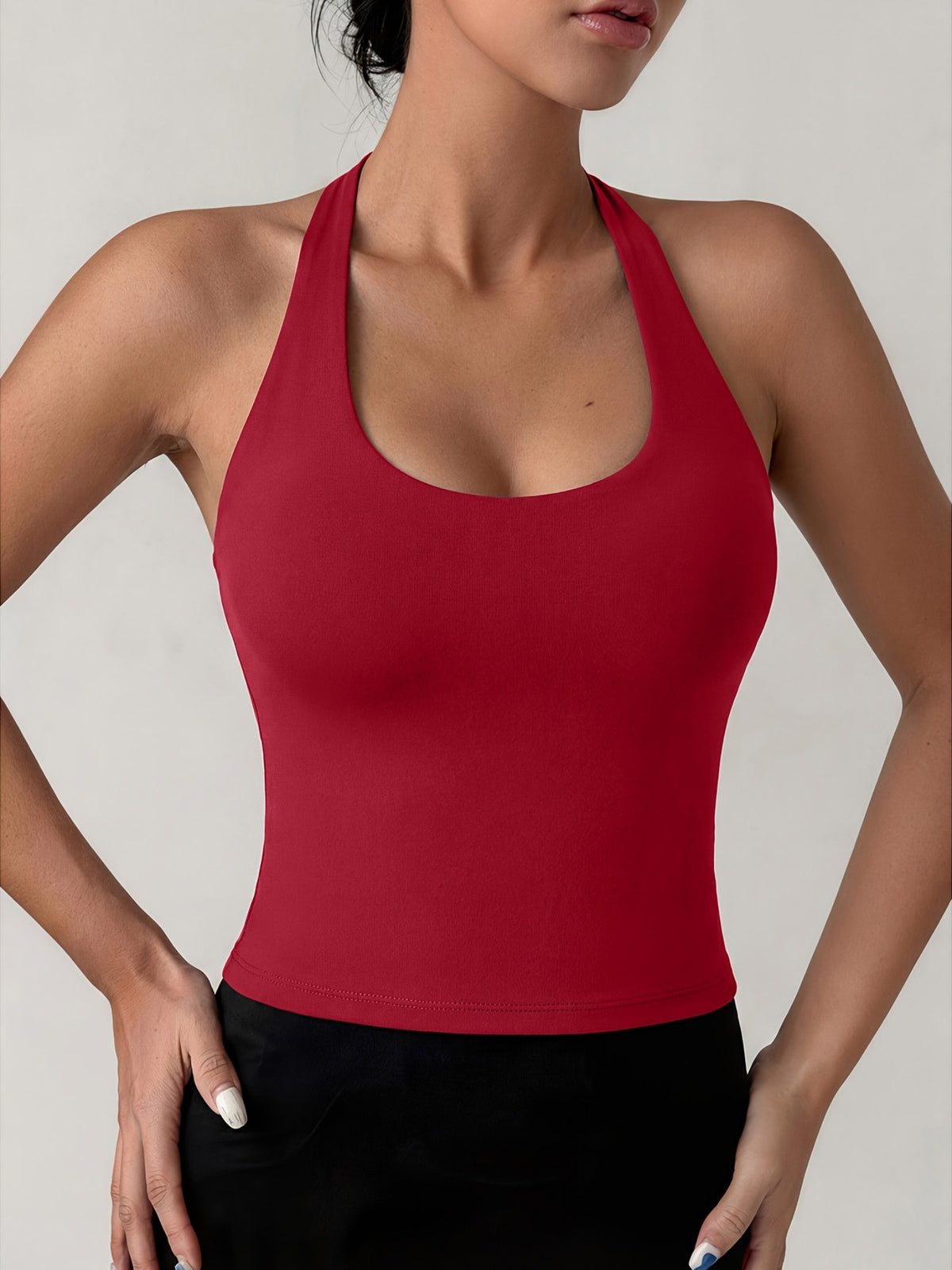 Halter Neck Cross Padded Yoga Top - Red
