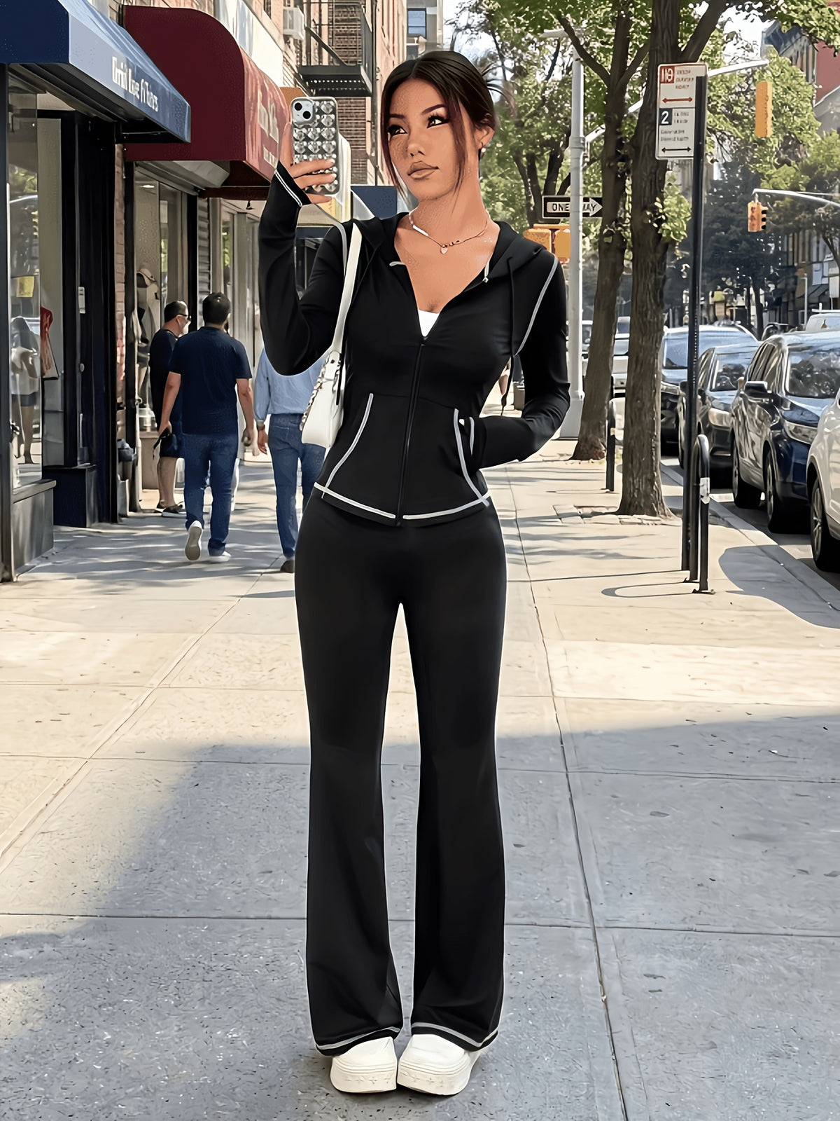 Hooded Zip Top & Flare Pants Set - Black