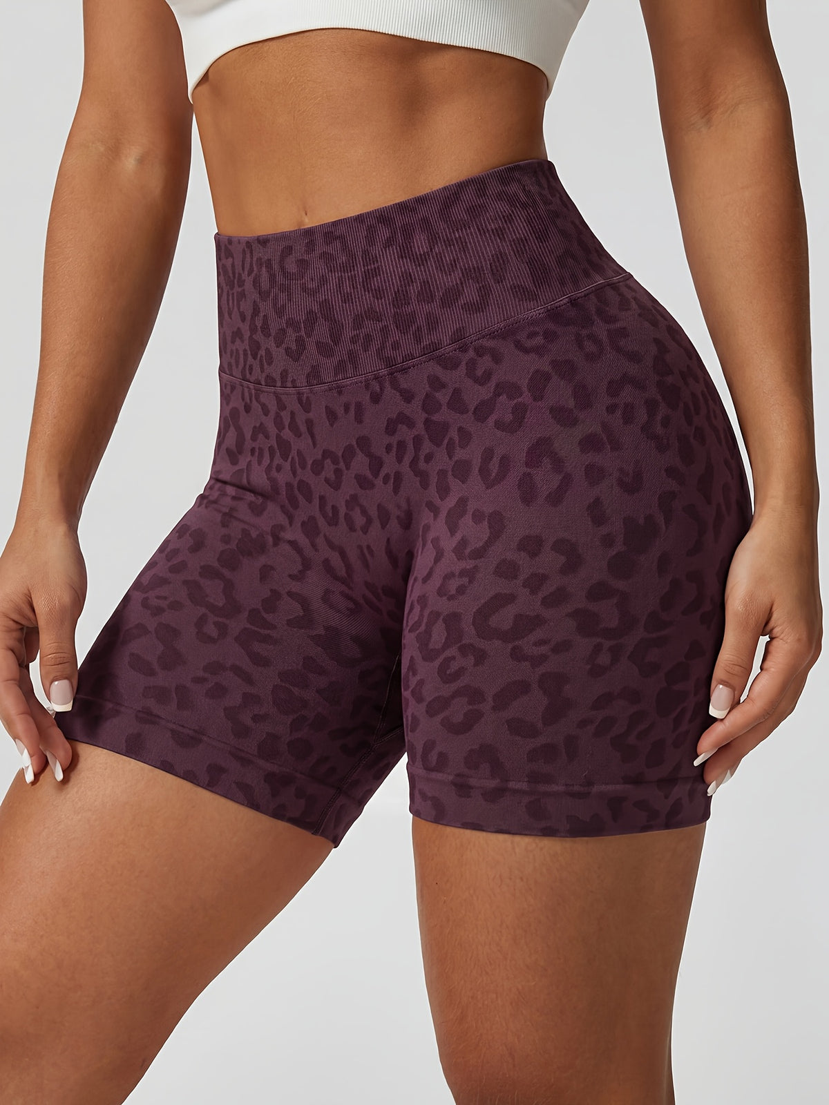 Leopard Seamless Ribbed Biker Shorts - Plum
