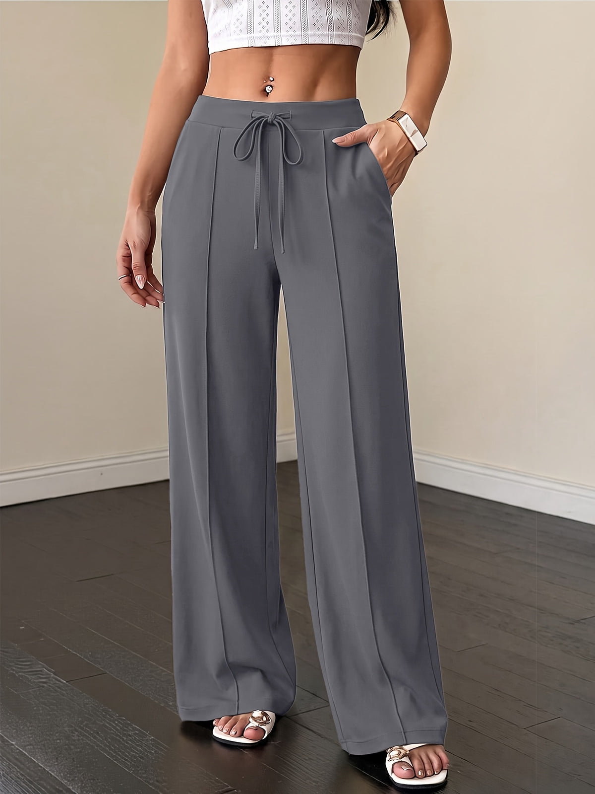 Drawstring Flowy Wide Leg Pants - Grey