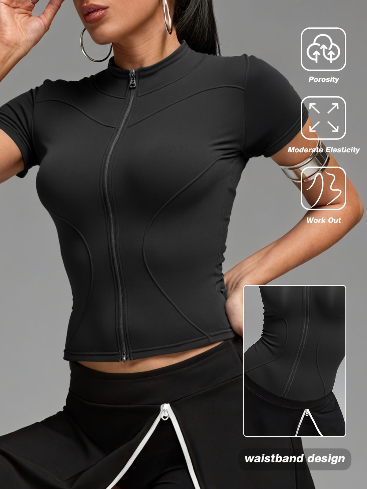 Short Sleeve Cropped Zip Jacket - Black