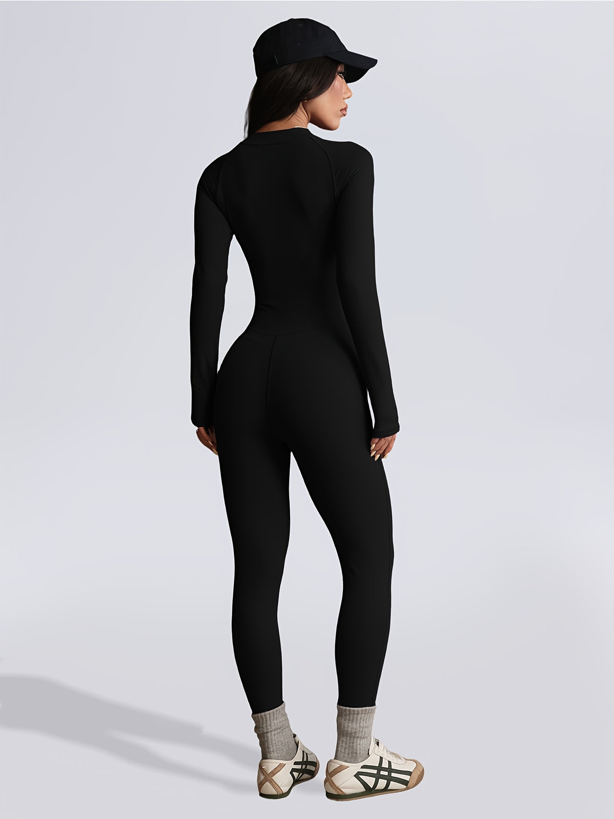 Zip Up Long Sleeve Jumpsuit - Black