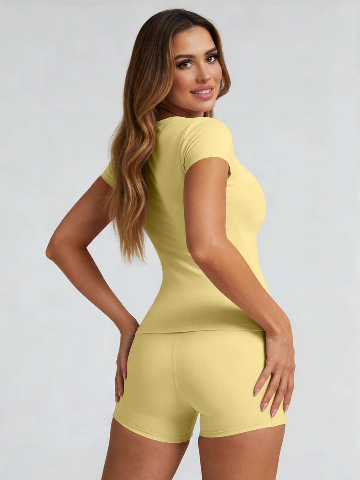 Tummy Control Top & Pocket Shorts Set - Yellow