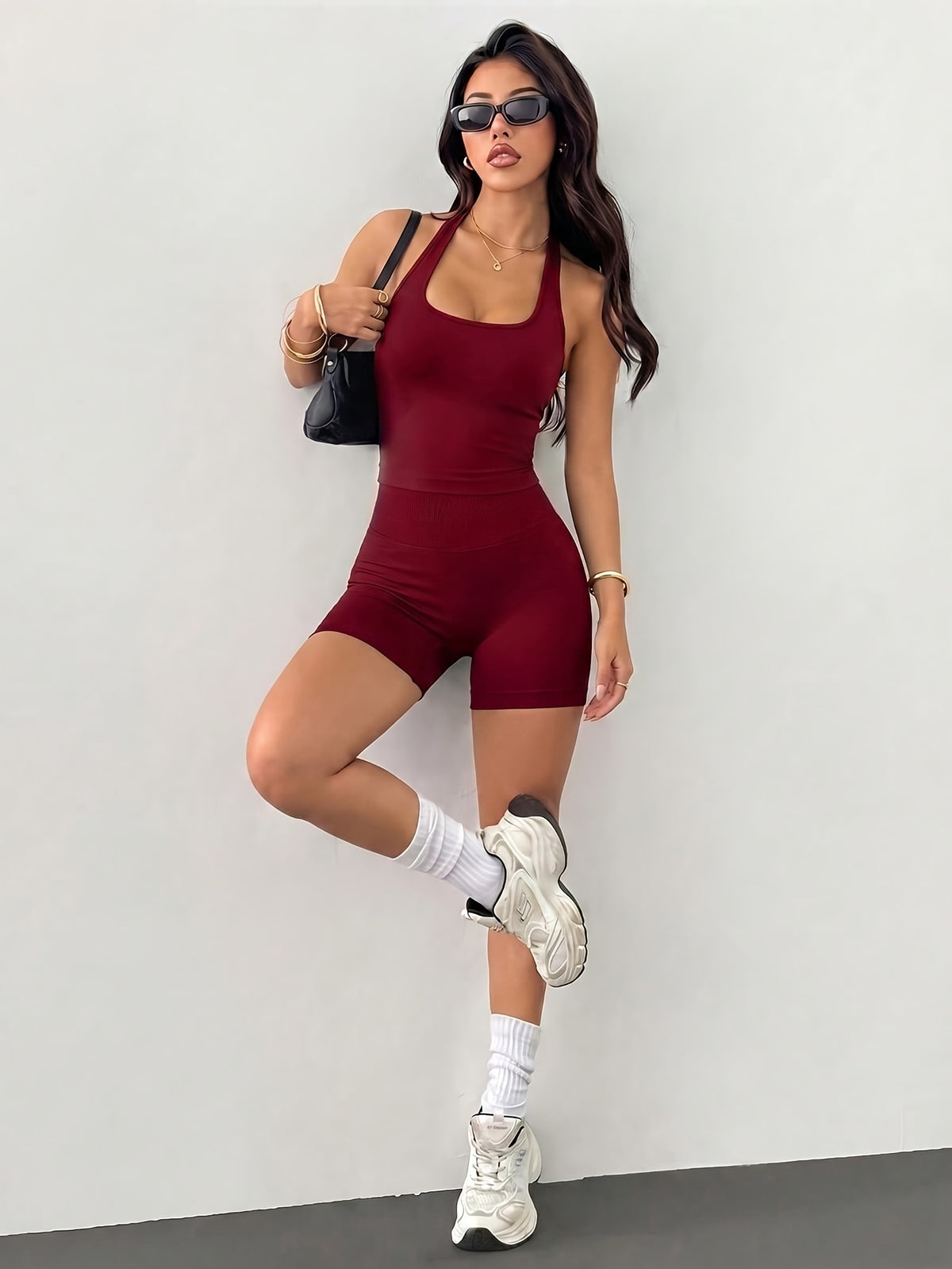 Halter Seamless Tank & Biker Shorts Set - Angola Red