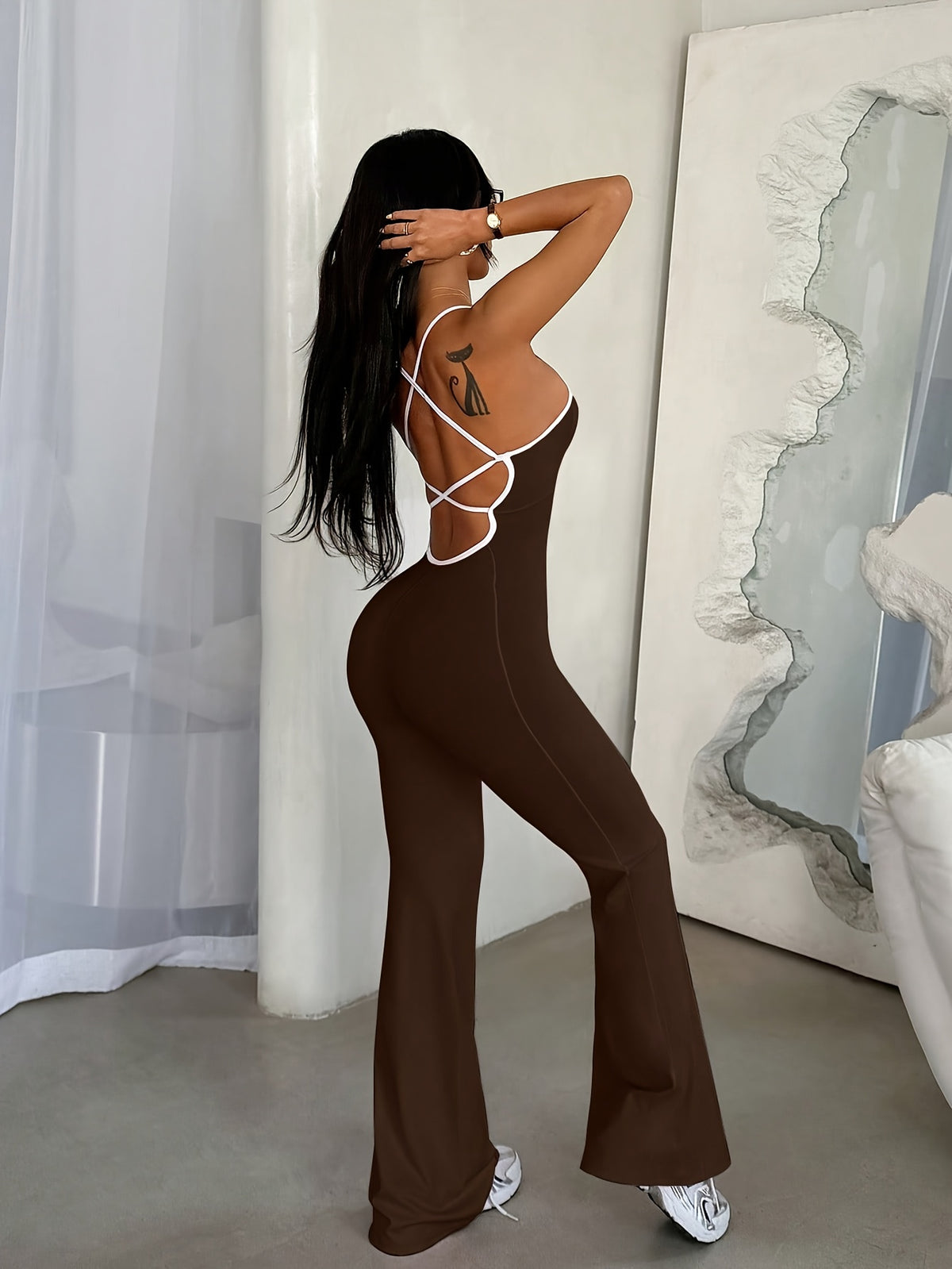 Cross Back Flare Jumpsuit - Coffee
