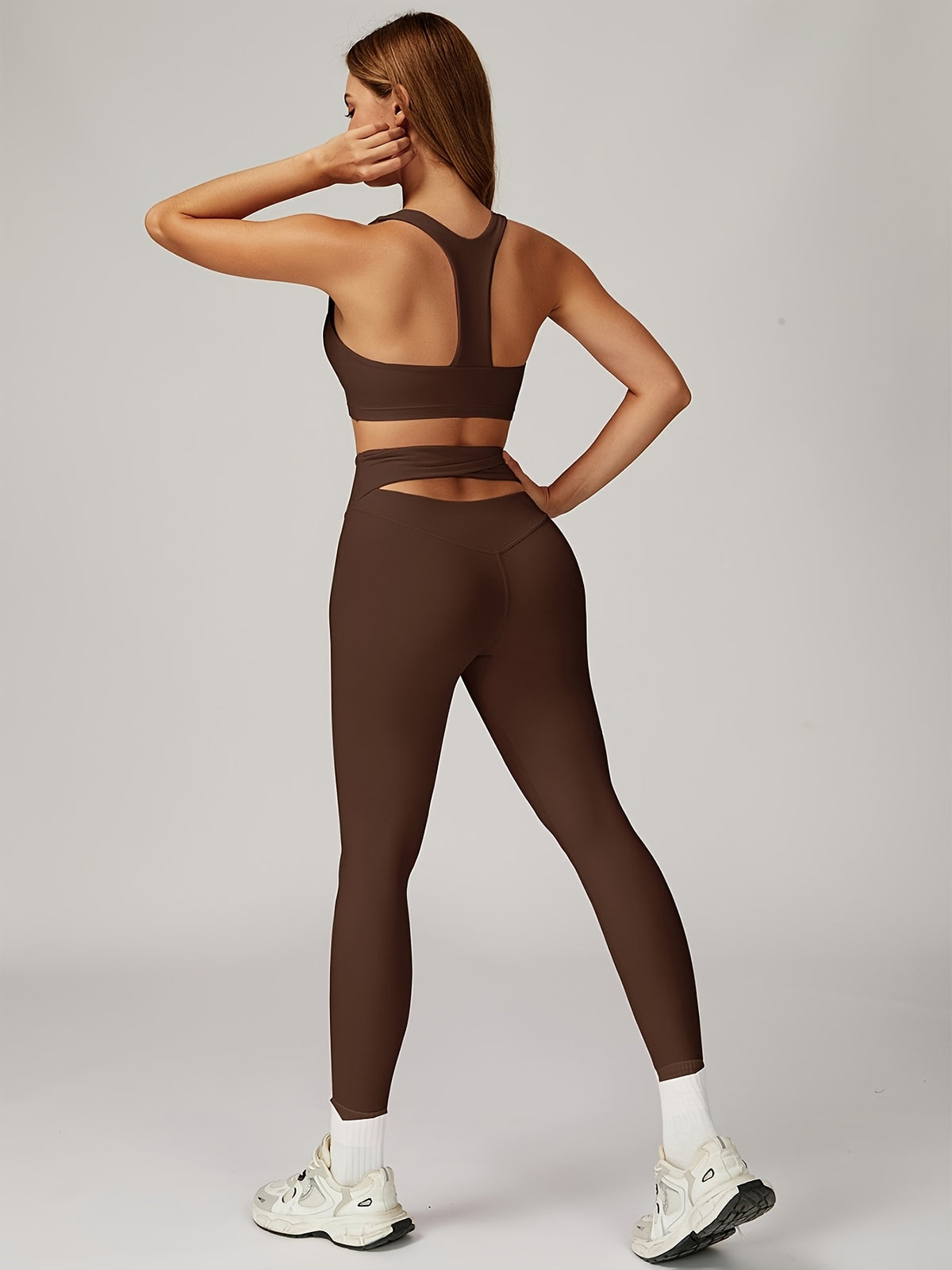 Vest Bra & High Waist Leggings Set - Dark Brown