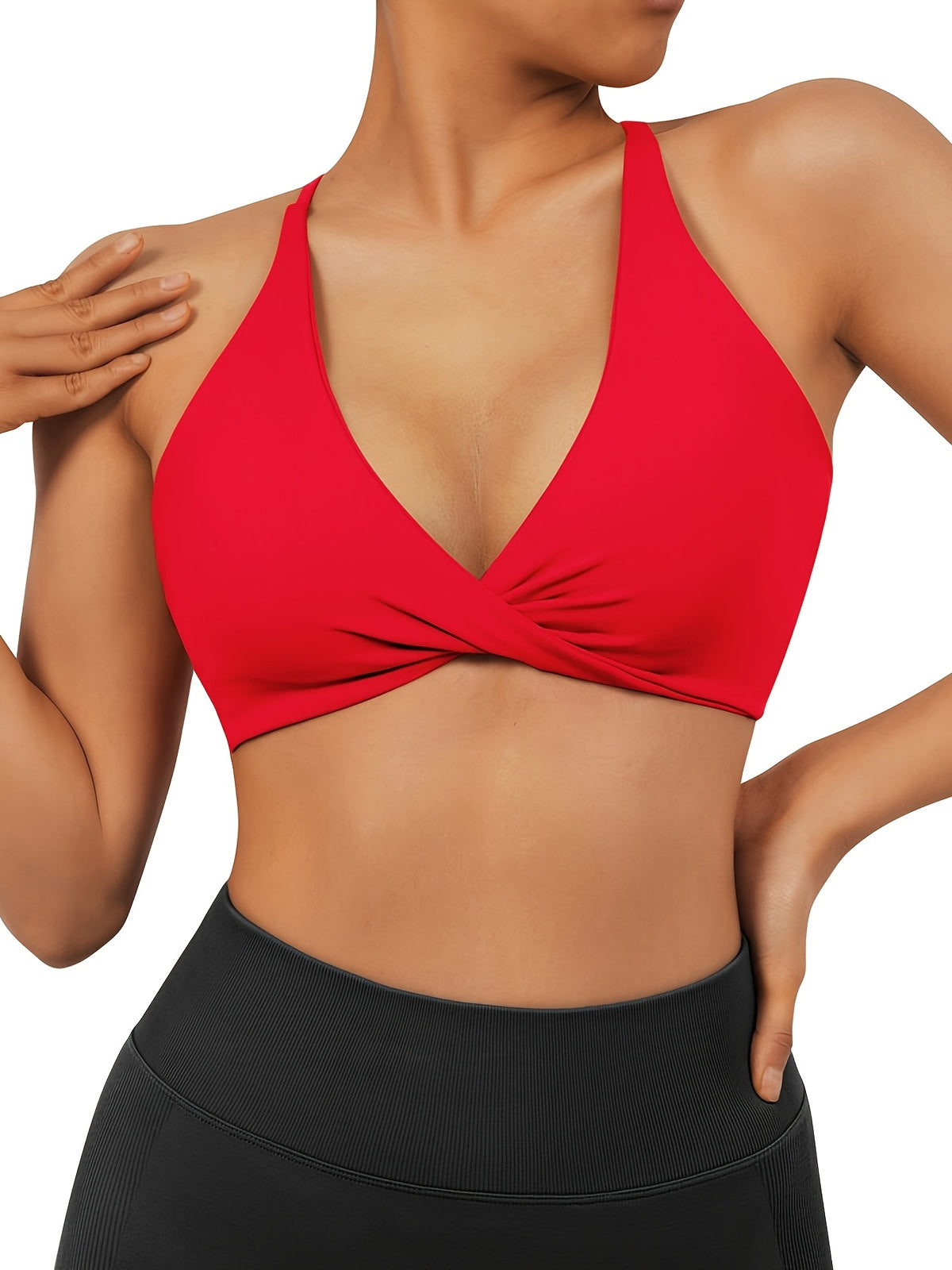 V-Neck Cross Strap Basic Sports Bra - Scarlet Red