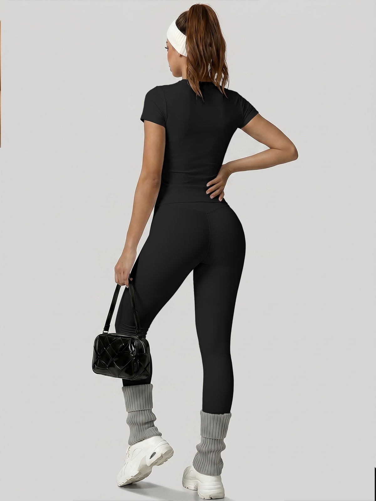 Round Neck Top & Tummy Tuck Leggings Set - Black