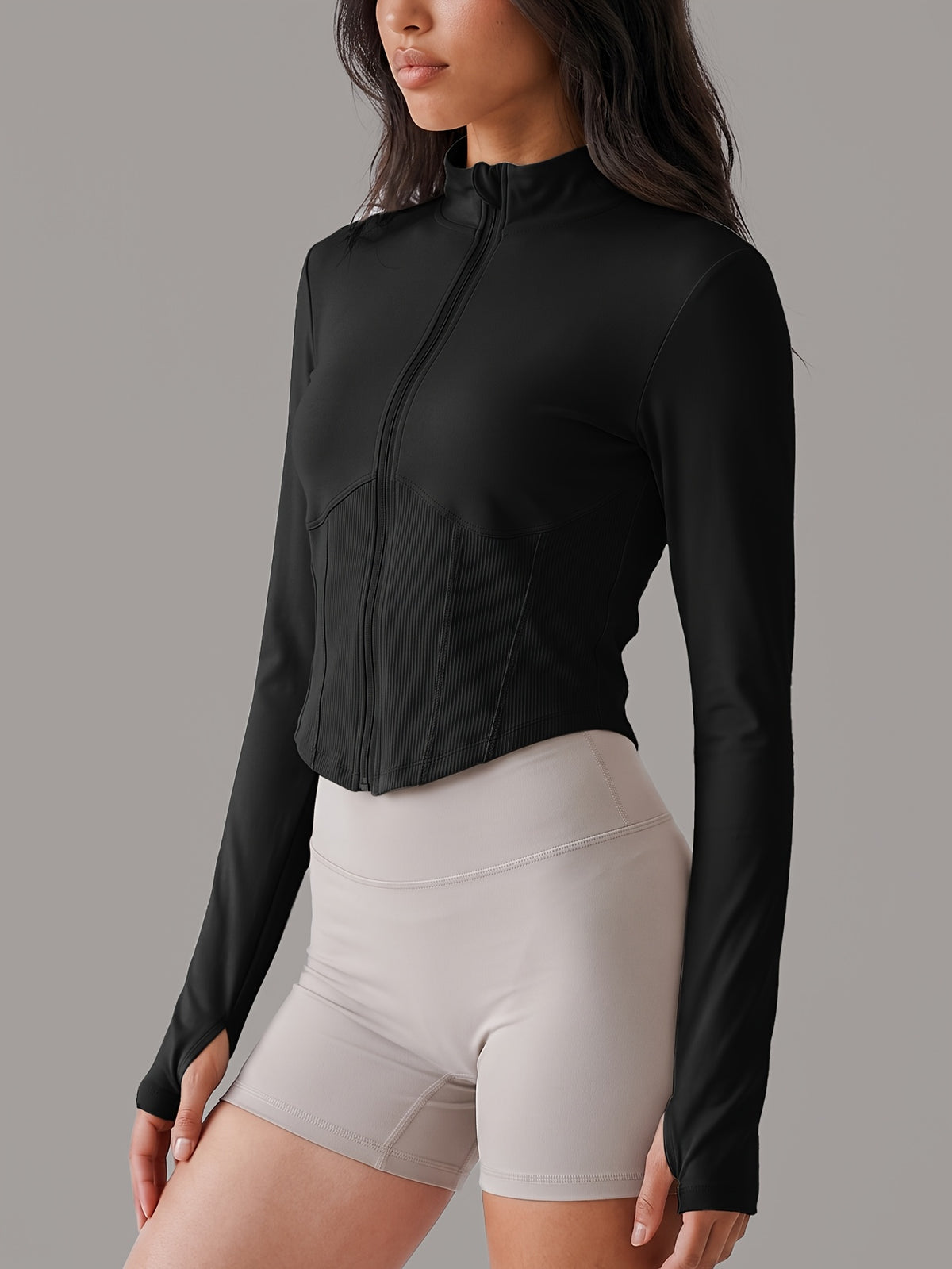Curved Hem Stand Collar Zip Jacket - Black