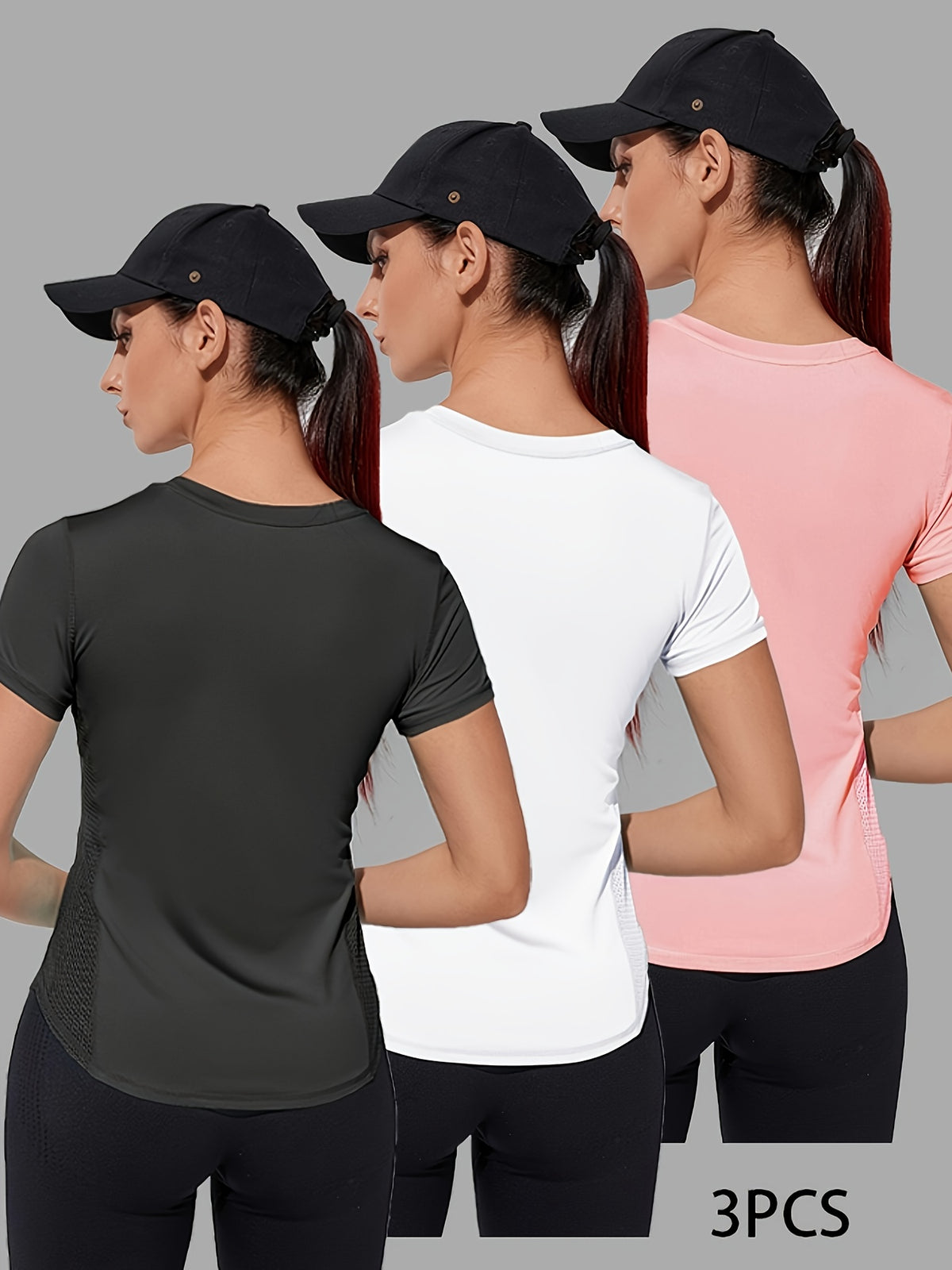 3 Pack Mesh Panel Sports Tees - Black, White & Pink