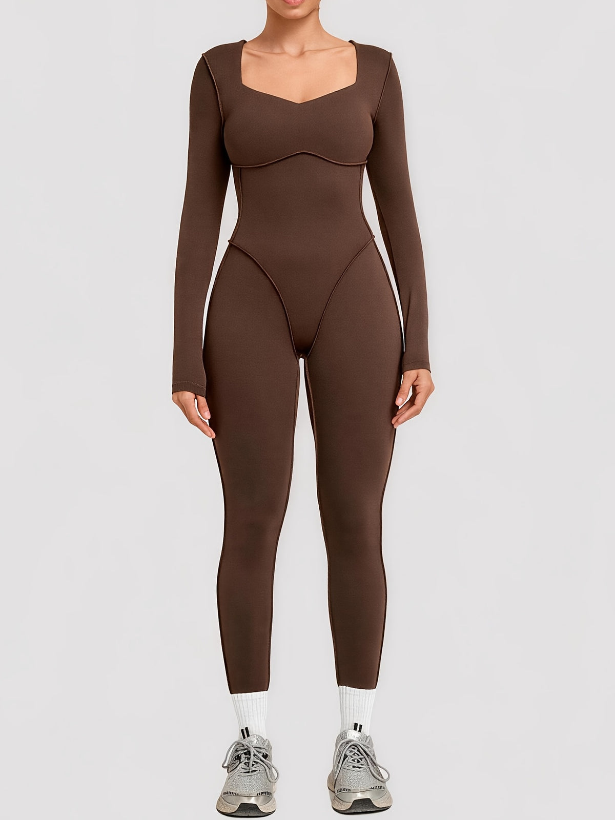 Long Sleeve Padded Jumpsuit - Coffee