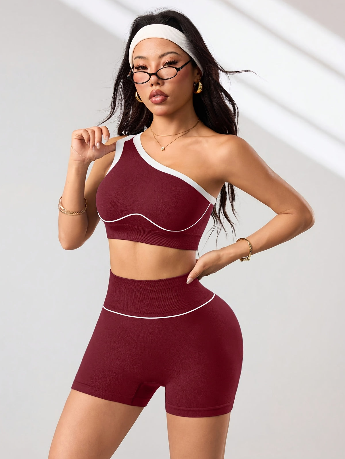One Shoulder Bra & Shorts Set - Burgundy