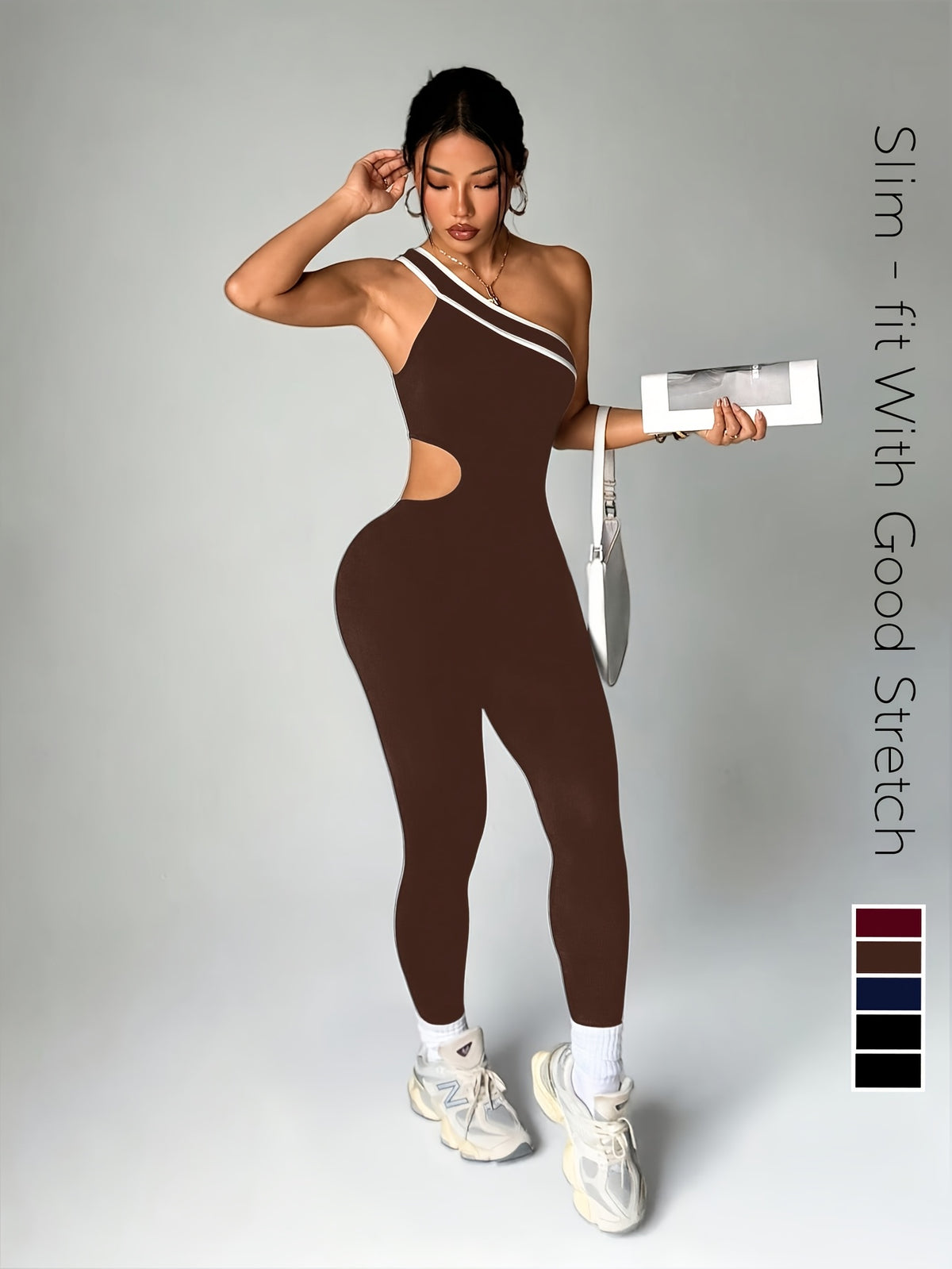 One Shoulder Cutout Jumpsuit - Brown