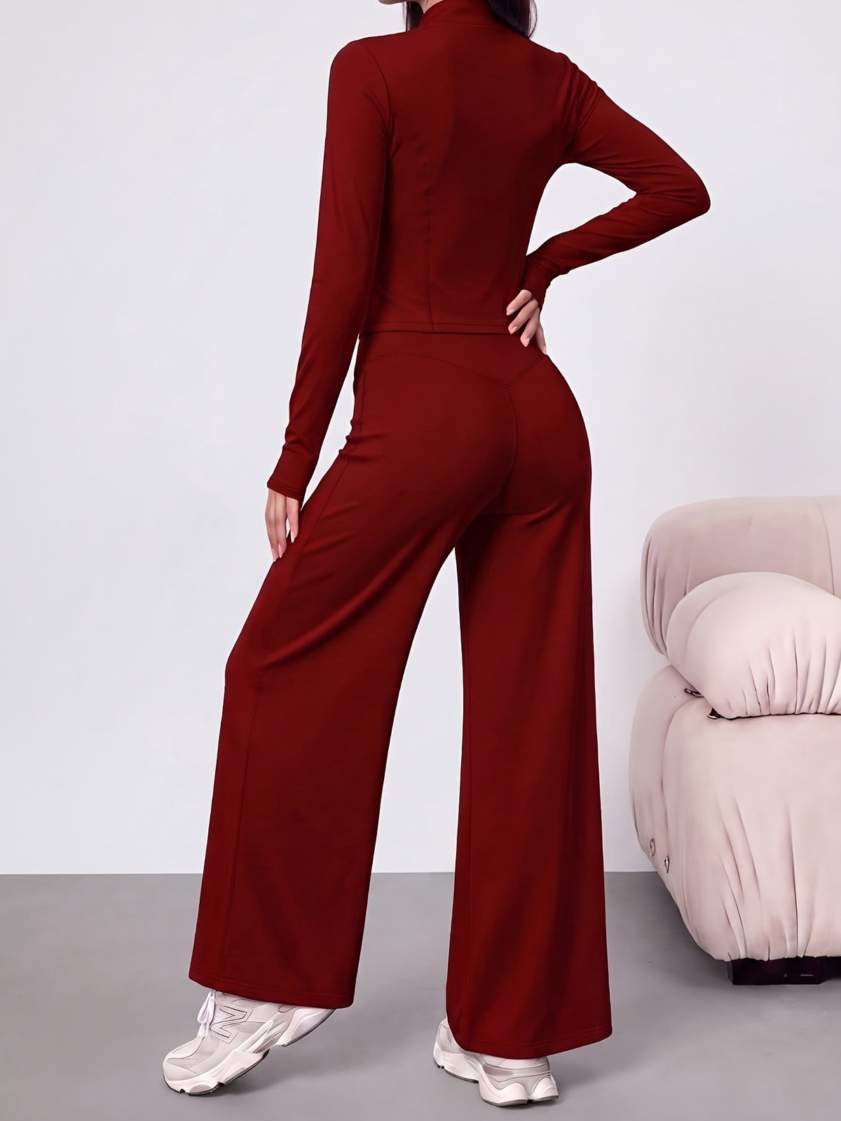 Waist Cinch Zip Jacket & Flare Pants Set - Burgundy