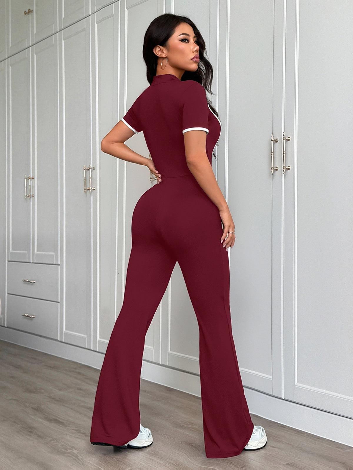 Zip Front Flare Jumpsuit - Burgundy