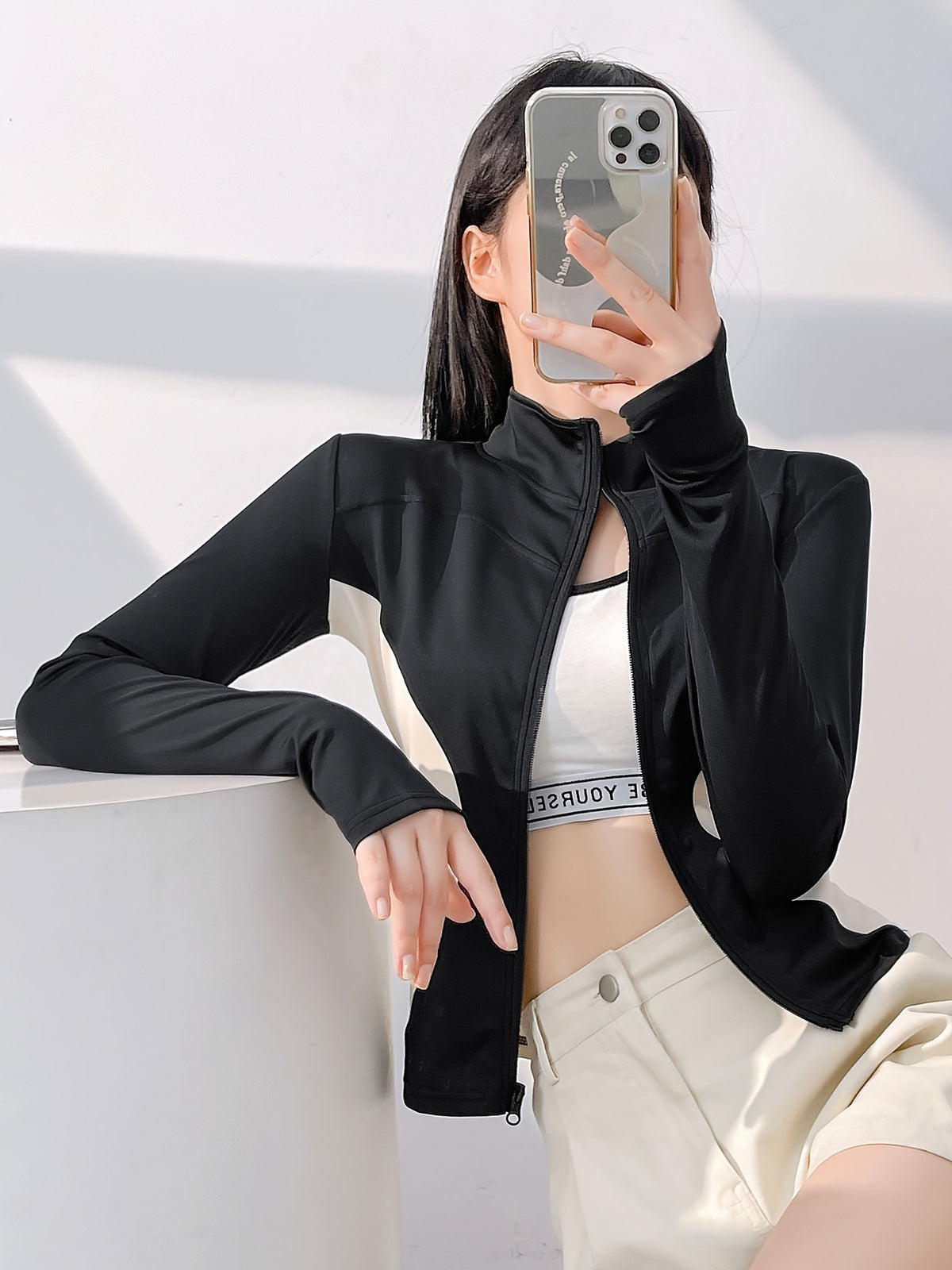 Colour Block Thumbhole Zip Jacket - Black & White
