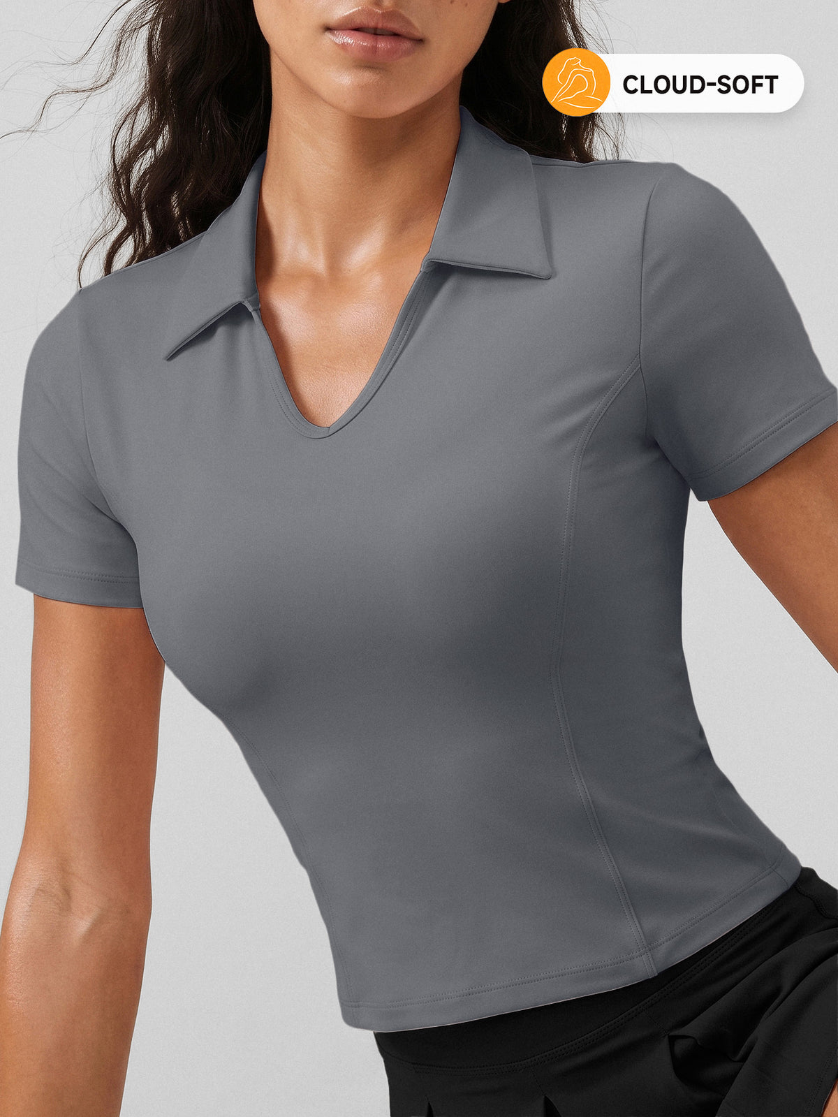 Collared V-Neck Crop Top - Grey