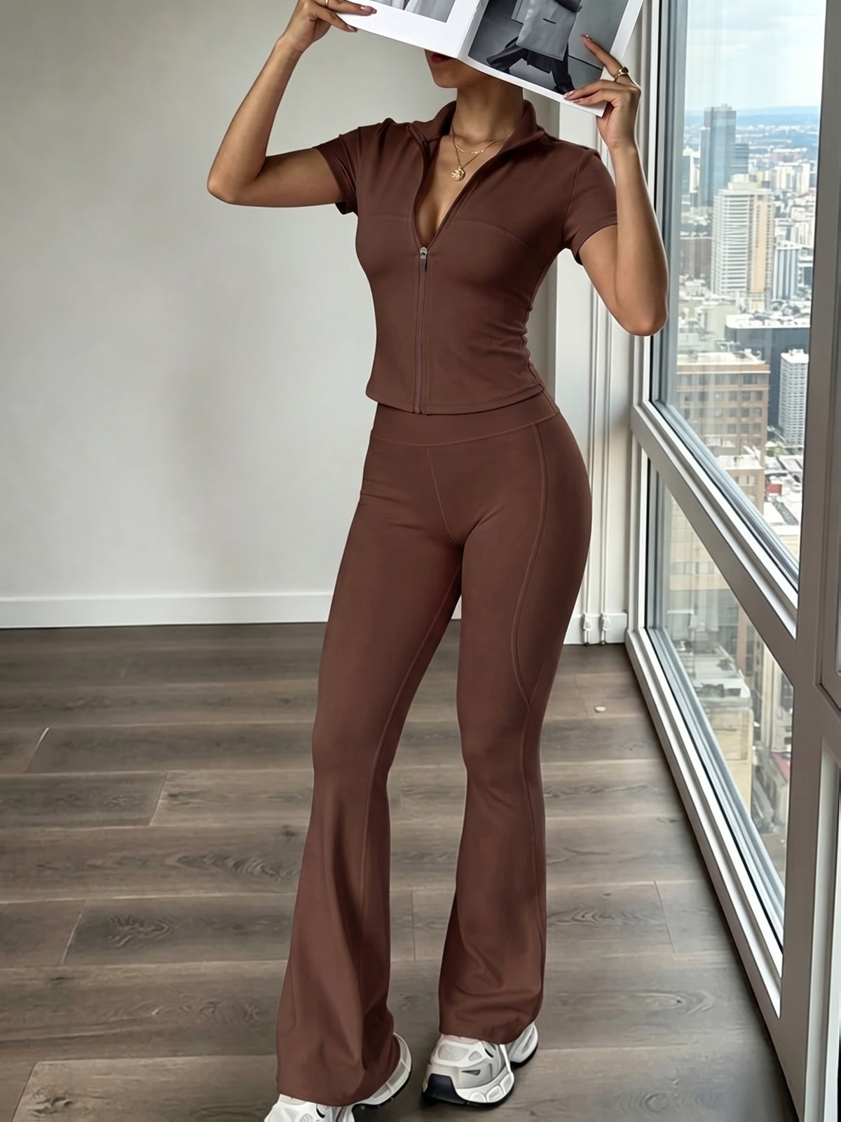 Thumb Loop Zip Jacket & Flare Pants Set - Coffee