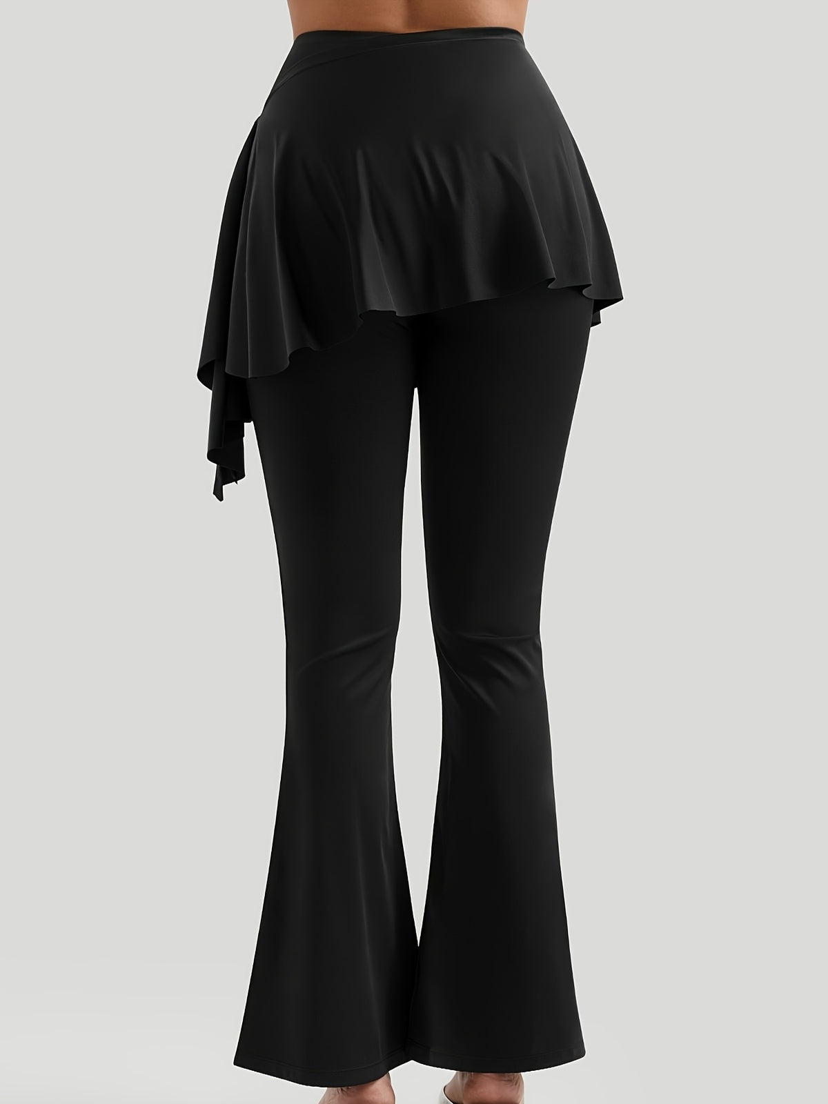 V-Neck Bra & Skirted Wide Leg Pants Set - Black