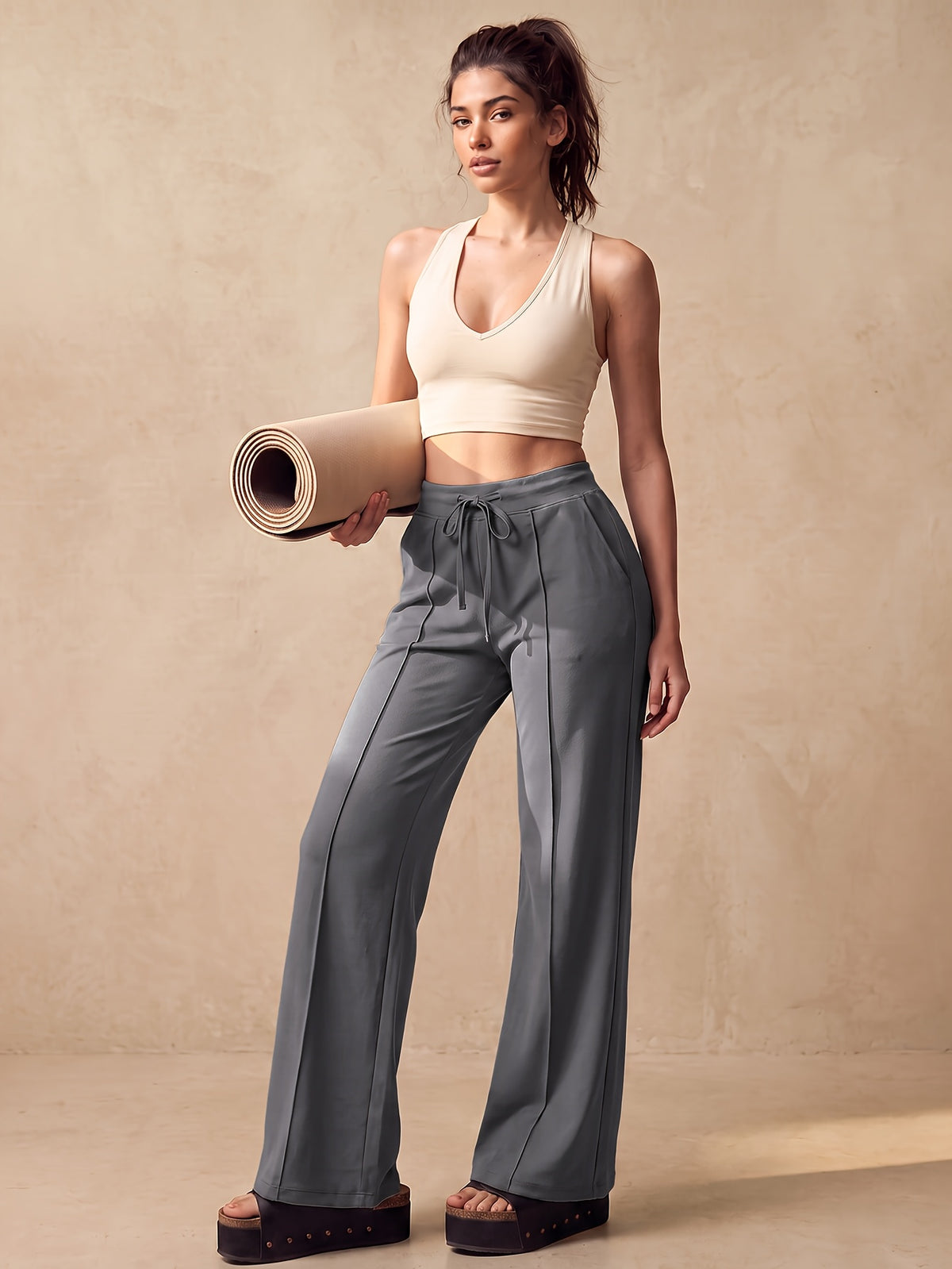 Drawstring Wide Leg Pocket Yoga Pants - Grey