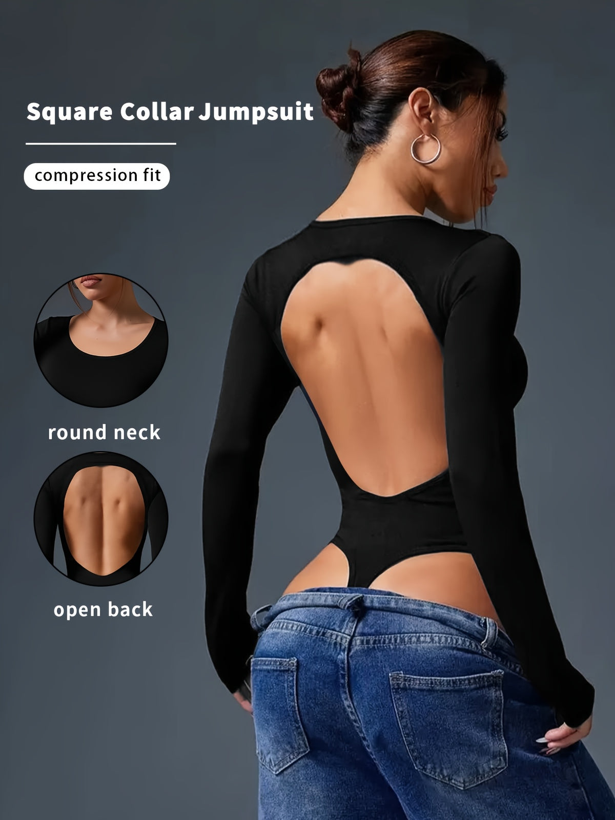 Hollow Back Triangle Leg Bodysuit - Black