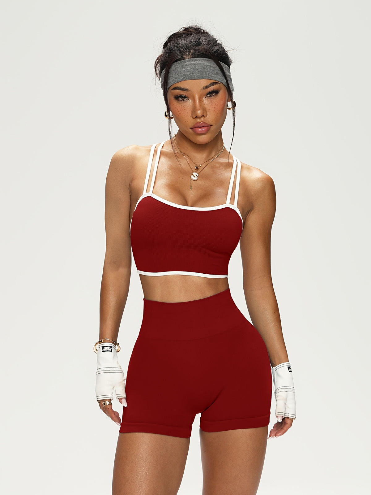 Seamless Stretch Sports Bra & Shorts Set - Burgundy