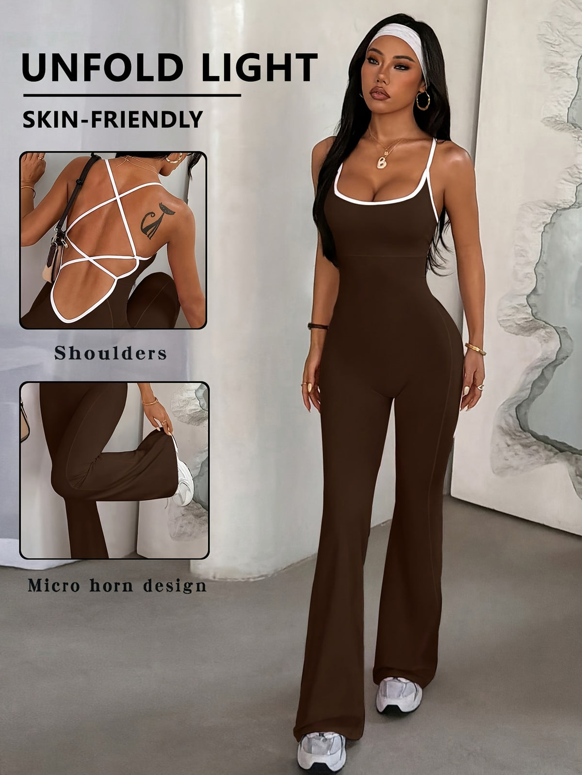 Cross Back Flare Jumpsuit - Coffee