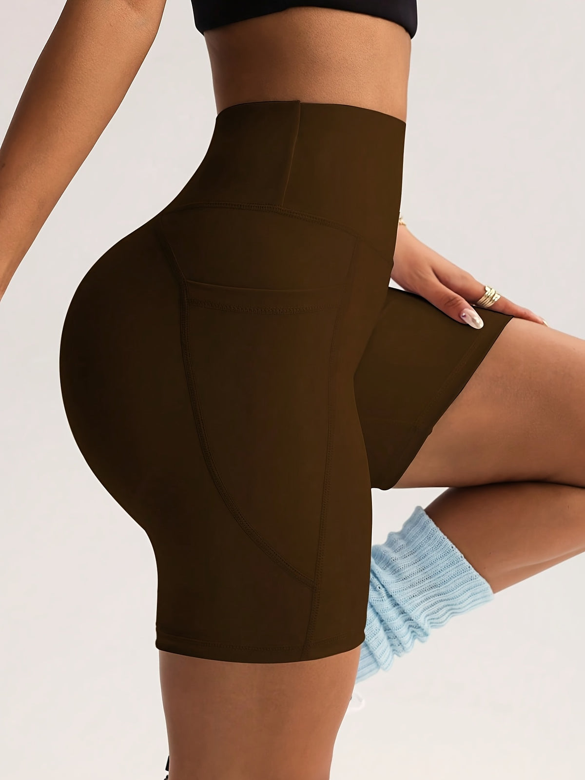 High Waist Compression Pocket Shorts - Dark Brown