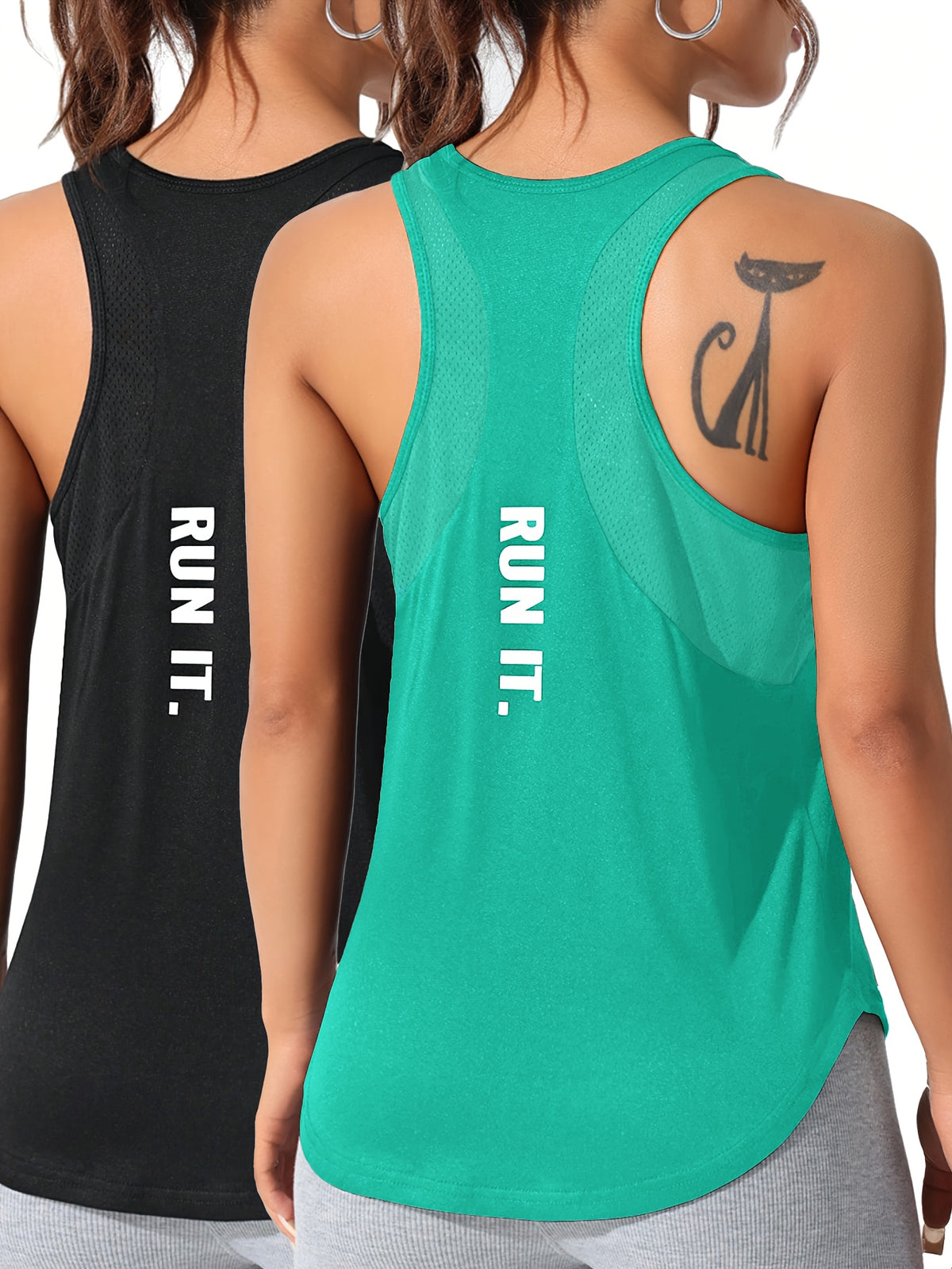 Mesh Panel Letter Print Tee & Vest Set - Black & Green