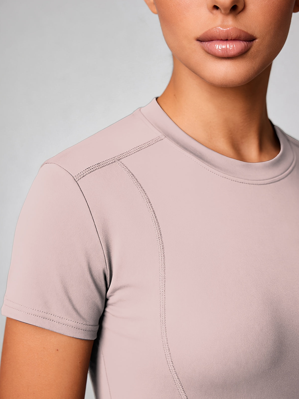 Quick-Dry Round Neck Yoga Tee - Pale Pinkish Gray