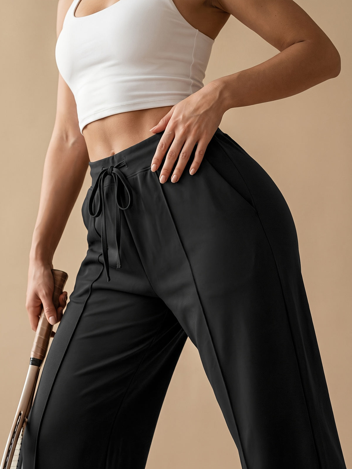 Drawstring Wide Leg Pocket Yoga Pants - Black