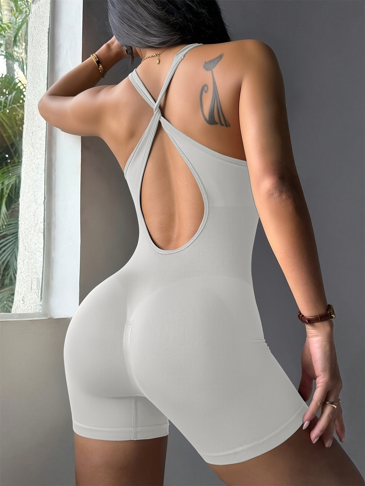 Cross Back Scoop Neck Romper - Light Grey