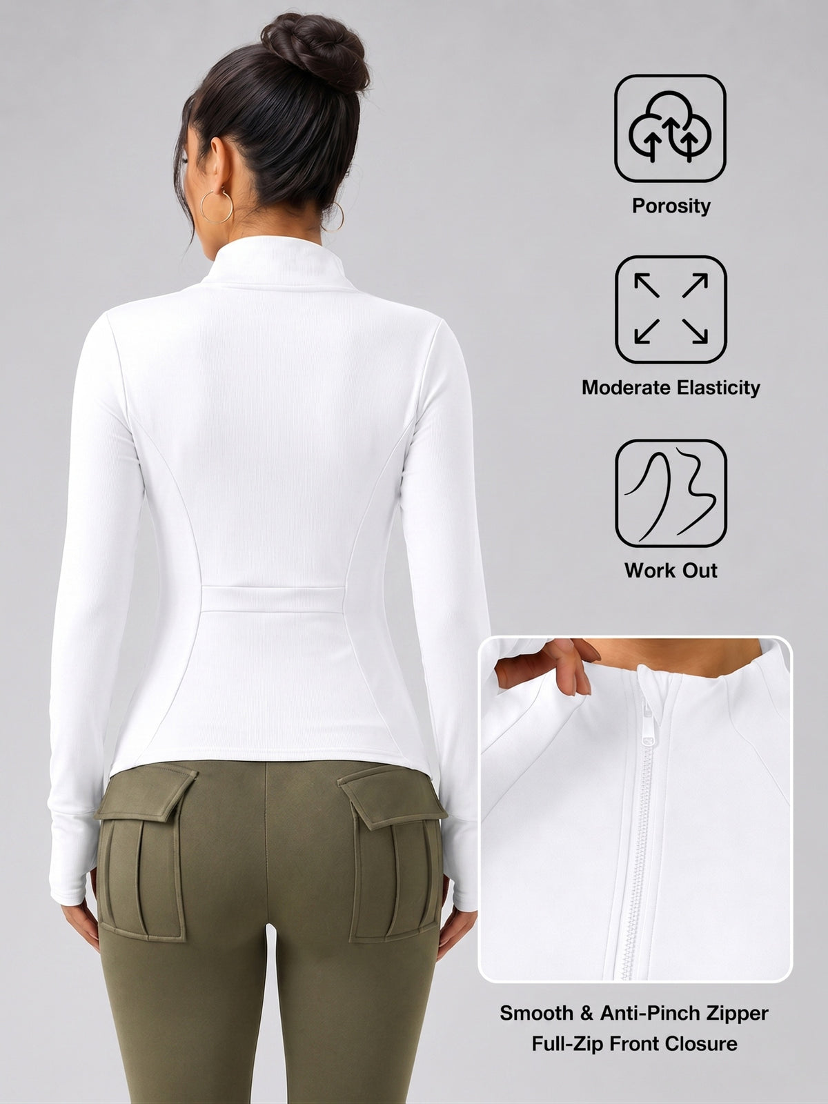 Thumbhole Stand Collar Full Zip Jacket - White