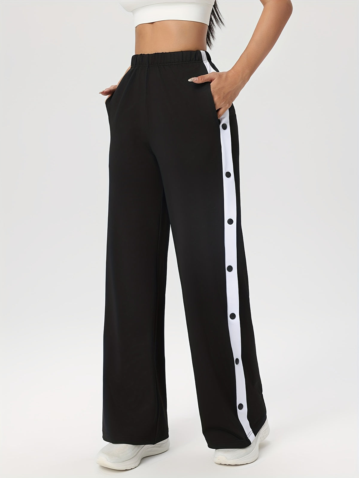 Side Stripe Button Waist Loose Pants - Black