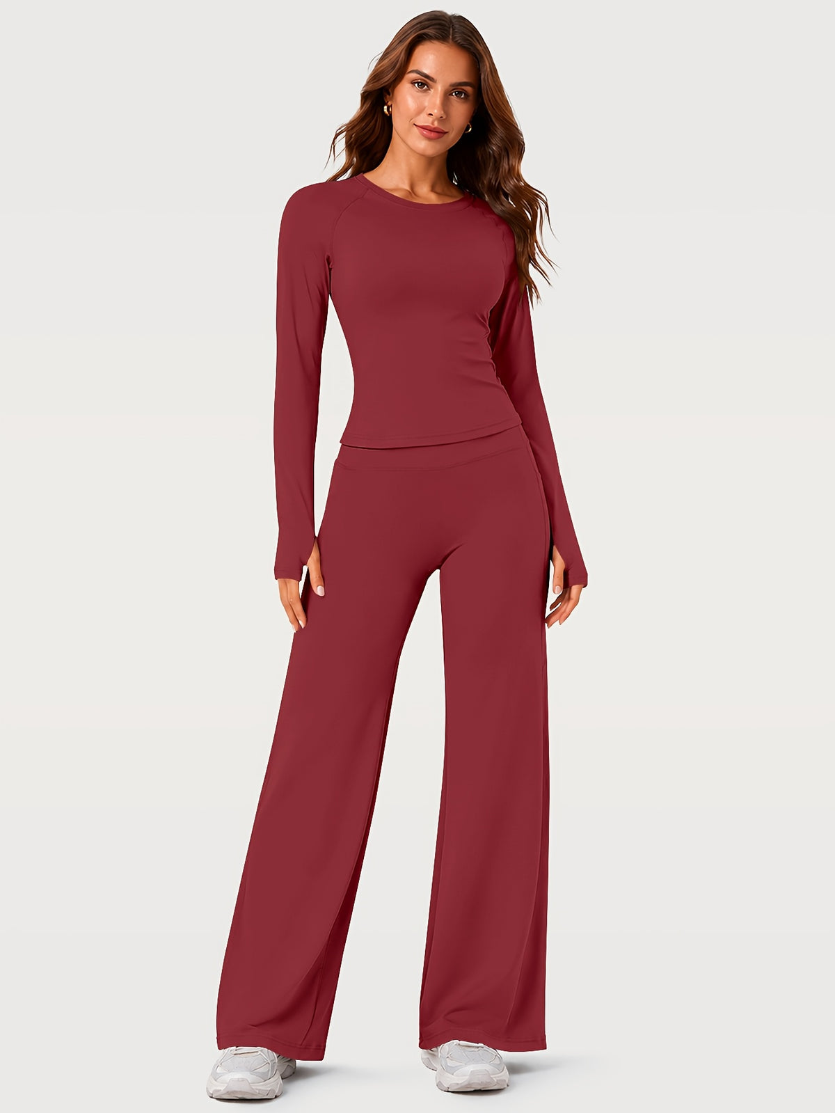 Thumbhole Top & Wide Leg Yoga Pants Set - Burgundy
