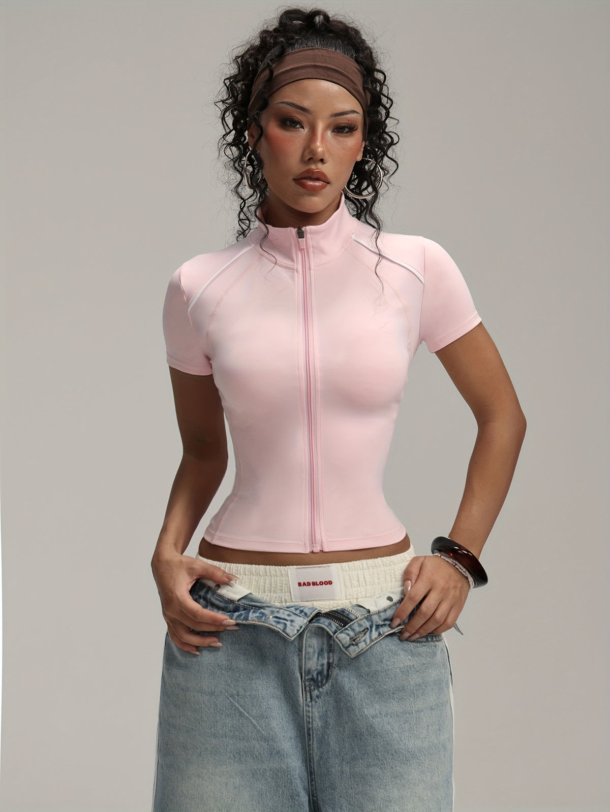 Short Sleeve Zip Top - Pink Red