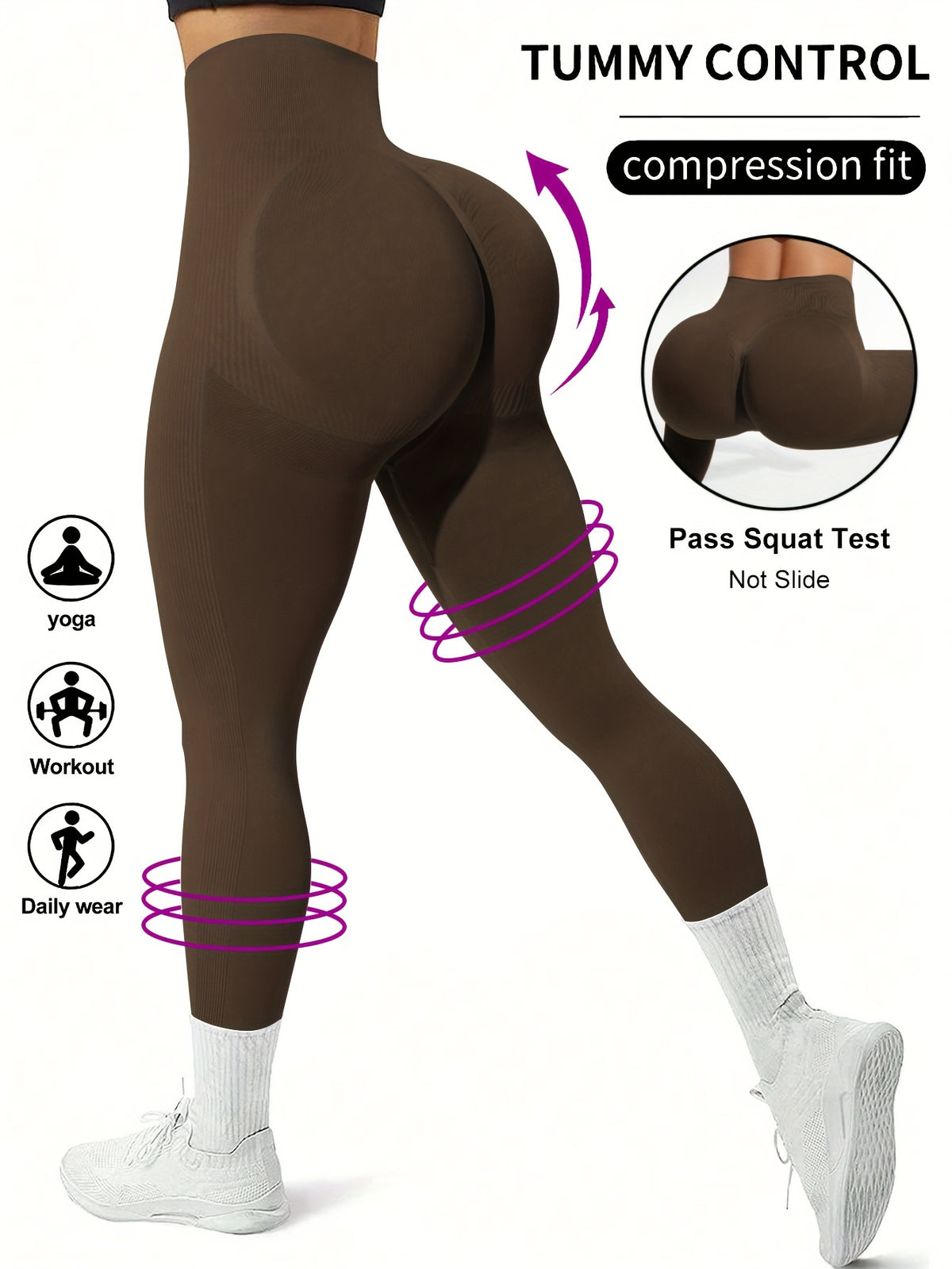 Tummy Control Wide Waistband Leggings - Dark Brown