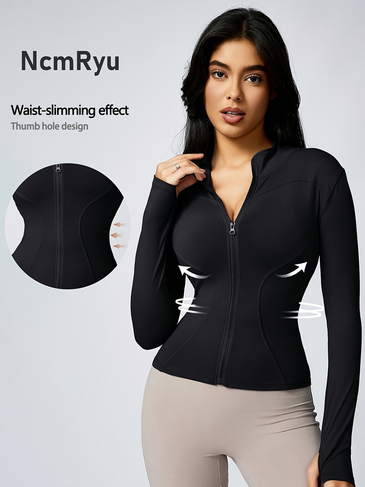 Stand Collar Thumbhole Zip Top - Black