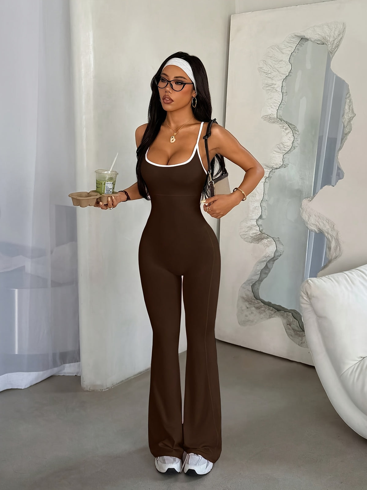Cross Back Flare Jumpsuit - Coffee